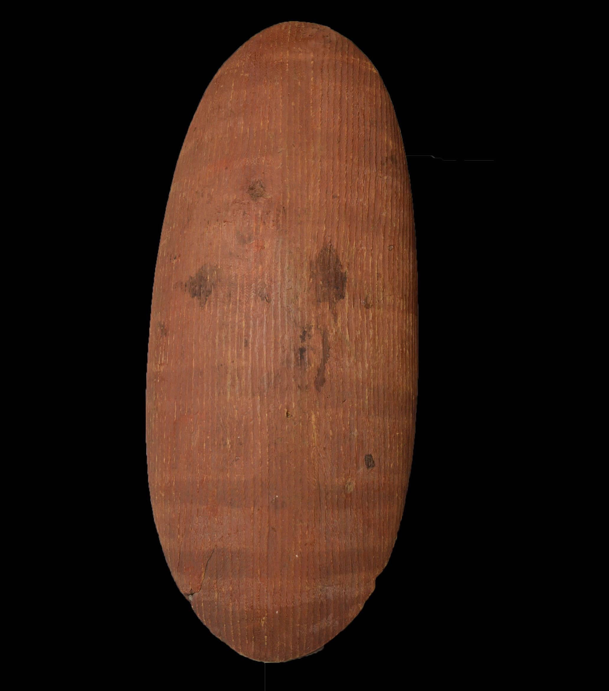 A large Aboriginal central desert bean wood shield,

Superb fine large example carved with beautiful stone carved undulating interior,

the exterior with linear bands, covered over all with red pigment,

Measure: Height 72 cm,

Period: Early 20th
