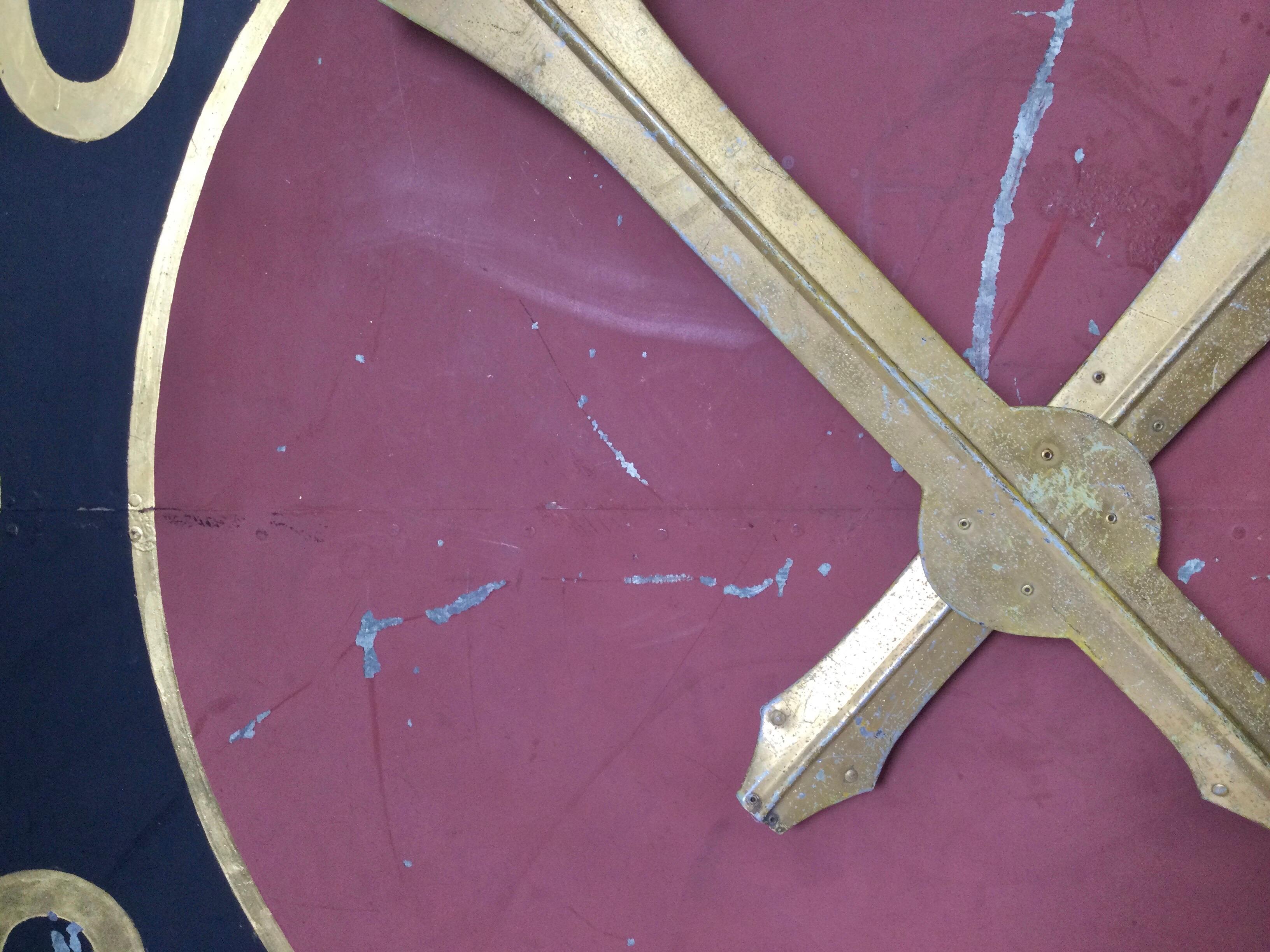 Industrial Large Architectural Clock Face with Gilt Numbers and Hands For Sale