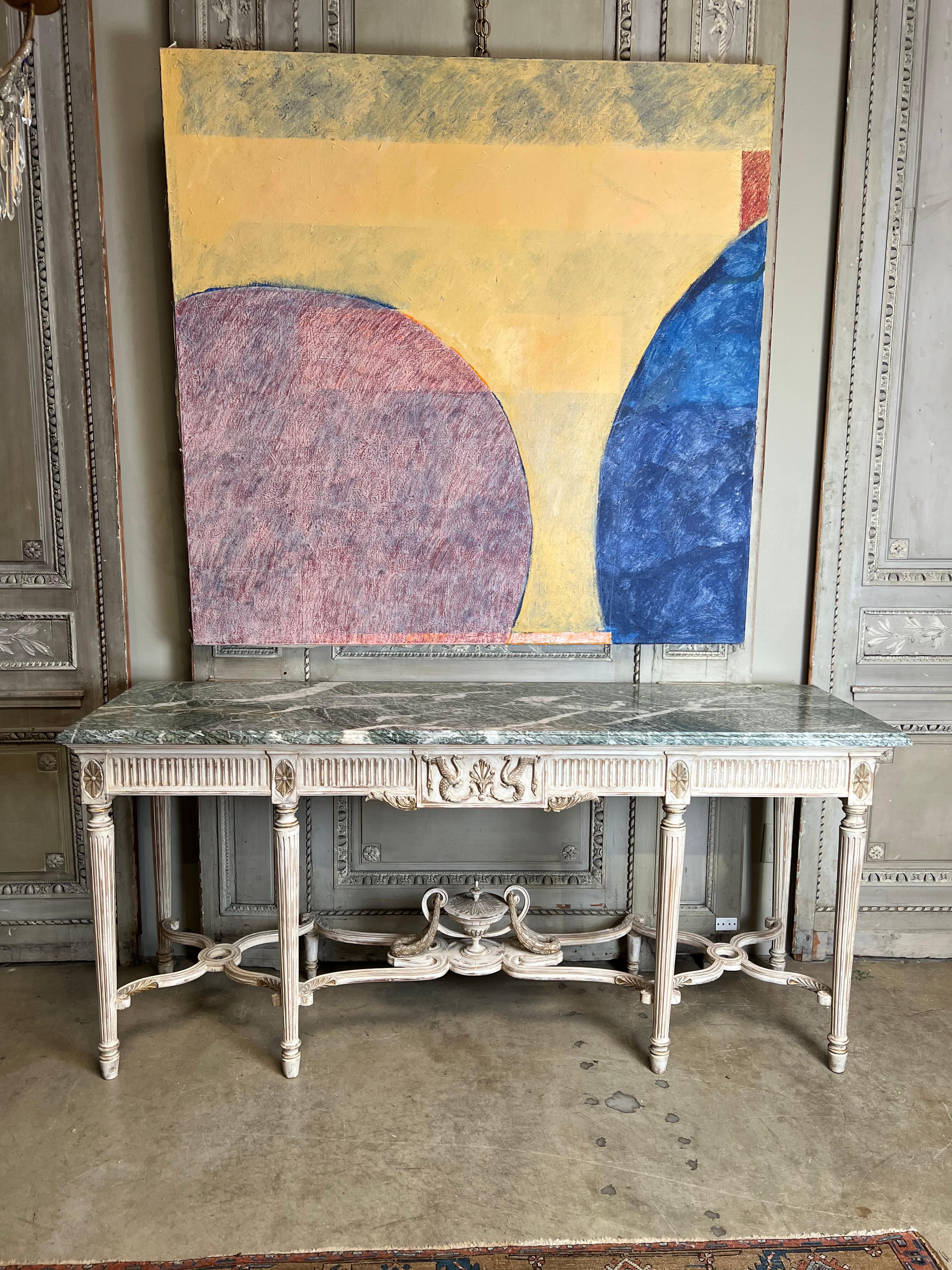 A large geometric abstract acrylic on canvas by the late artist Joe Watts.  
This large very decorative painting has a soothing color pallet and will work beautifully in multiple settings.  It mixes will with traditional or contemporary interiors.  