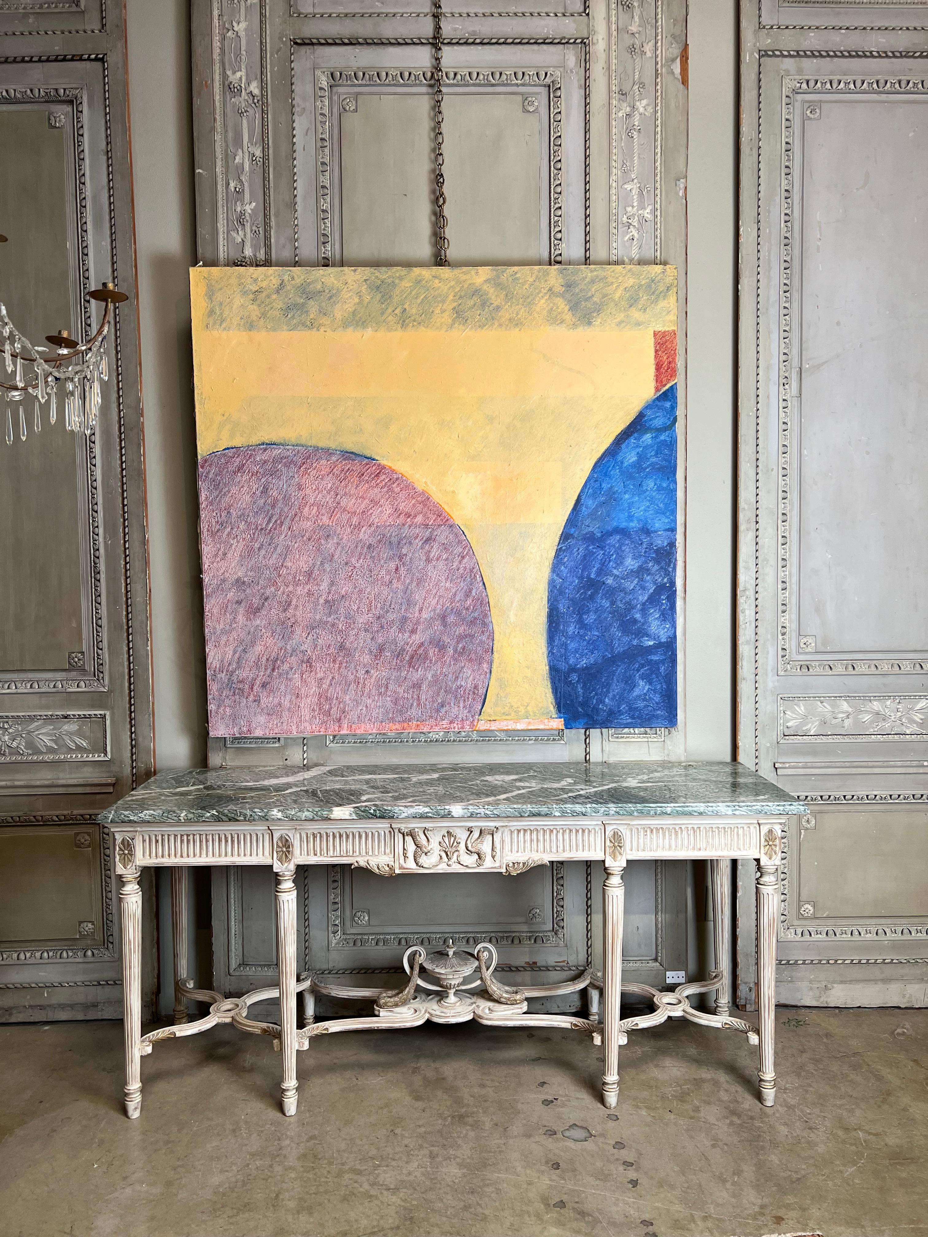 American A Large Acrylic on Canvas In Yellow, Blue, Red and Purple For Sale