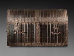 A large and exceptional 15th c.  Gothic leather and iron bound travelling chest