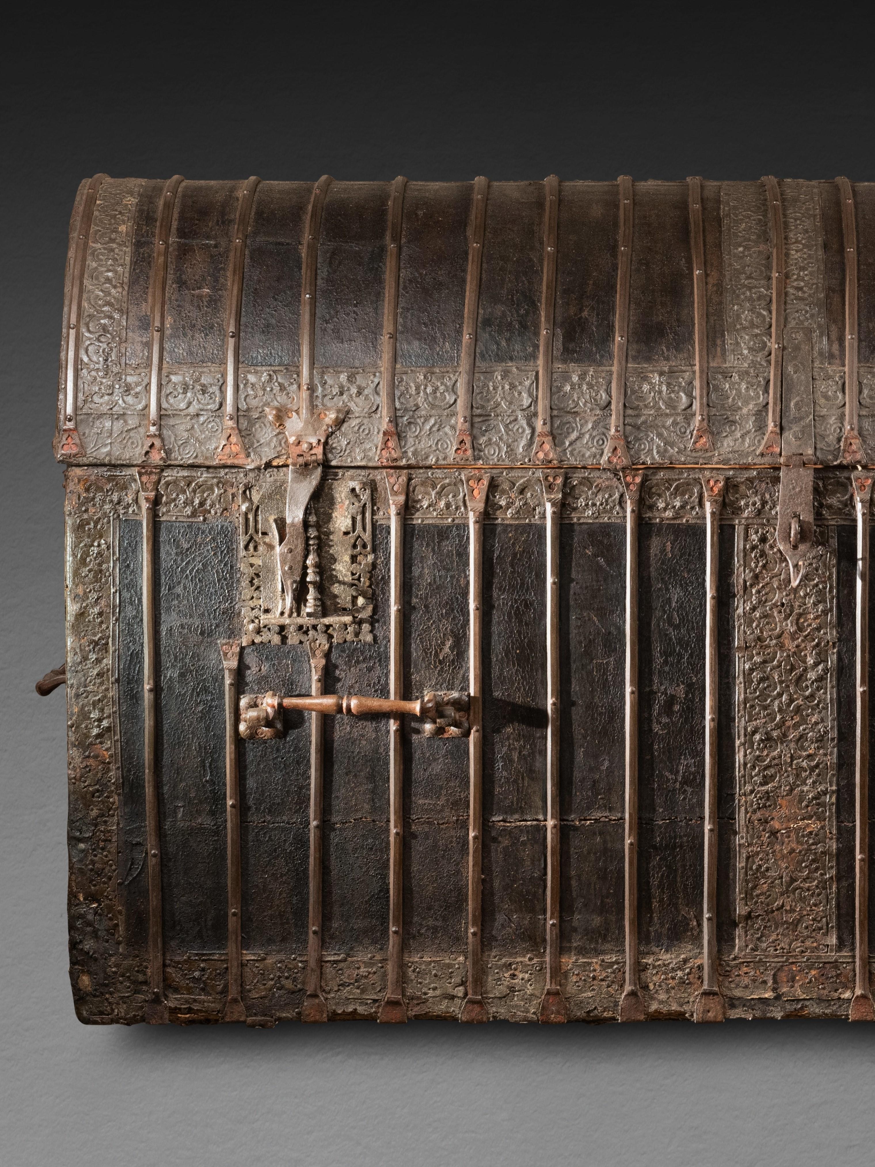 French A large and exceptional 15th c.  Gothic leather and iron bound travelling chest For Sale
