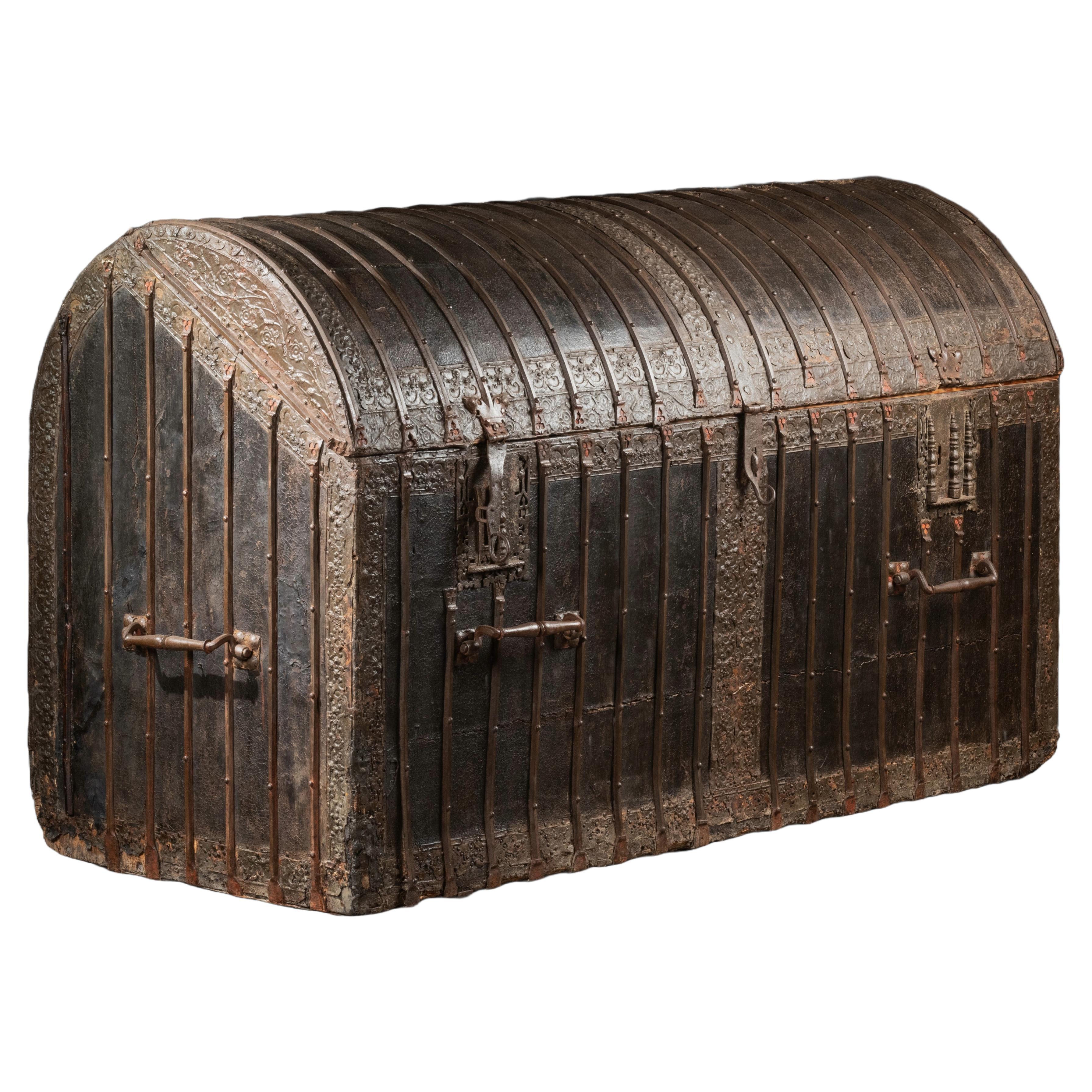 A large and exceptional 15th c.  Gothic leather and iron bound travelling chest For Sale