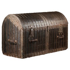 A large and exceptional 15th c.  Gothic leather and iron bound travelling chest