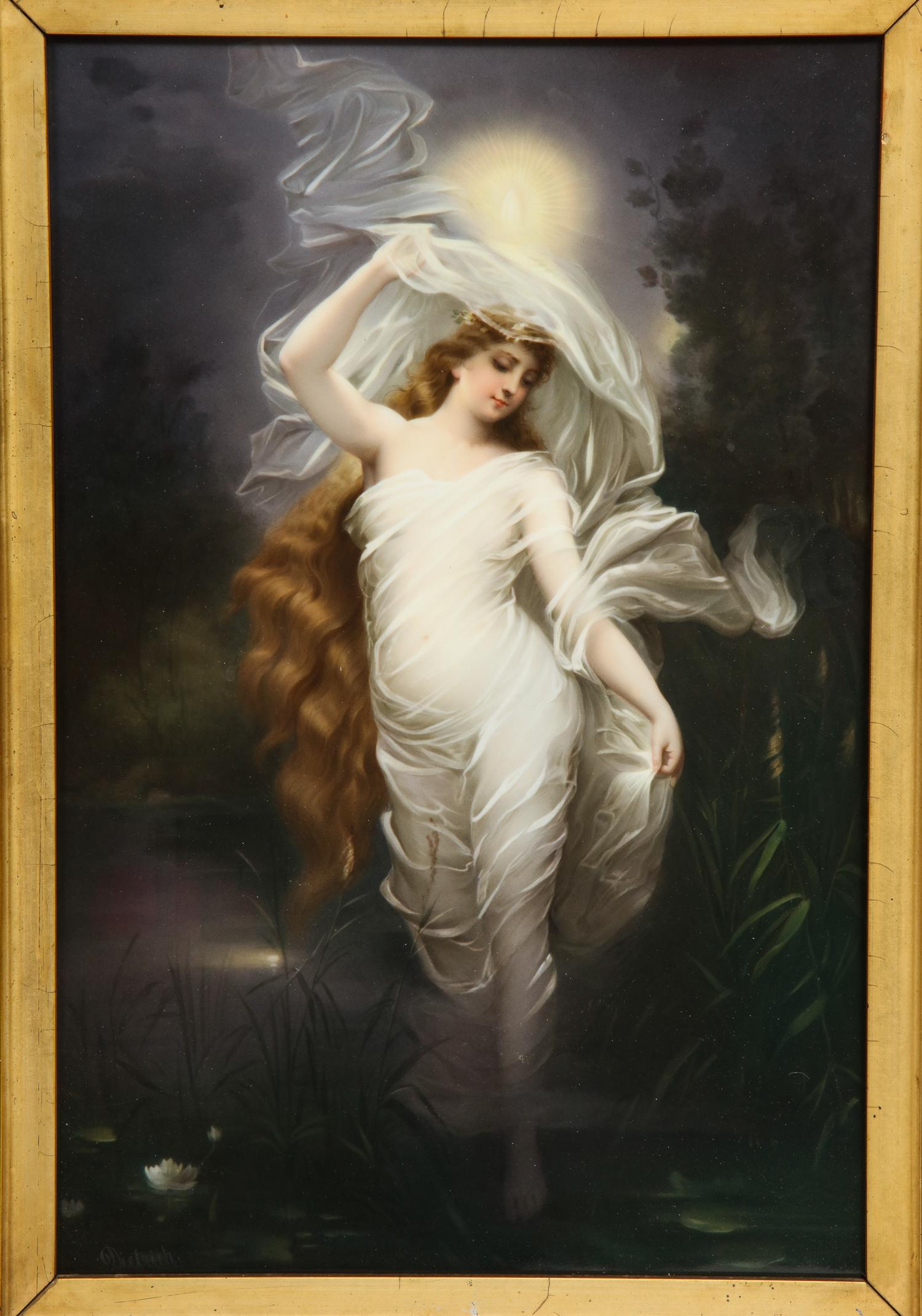 A large and exceptional quality hand-painted Berlin K.P.M Porcelain plaque of female maiden by Dietrich, late 19th century, in original giltwood frame.

Exceptional quality painting. Excellent condition. No chips, damages or repairs.

Marked