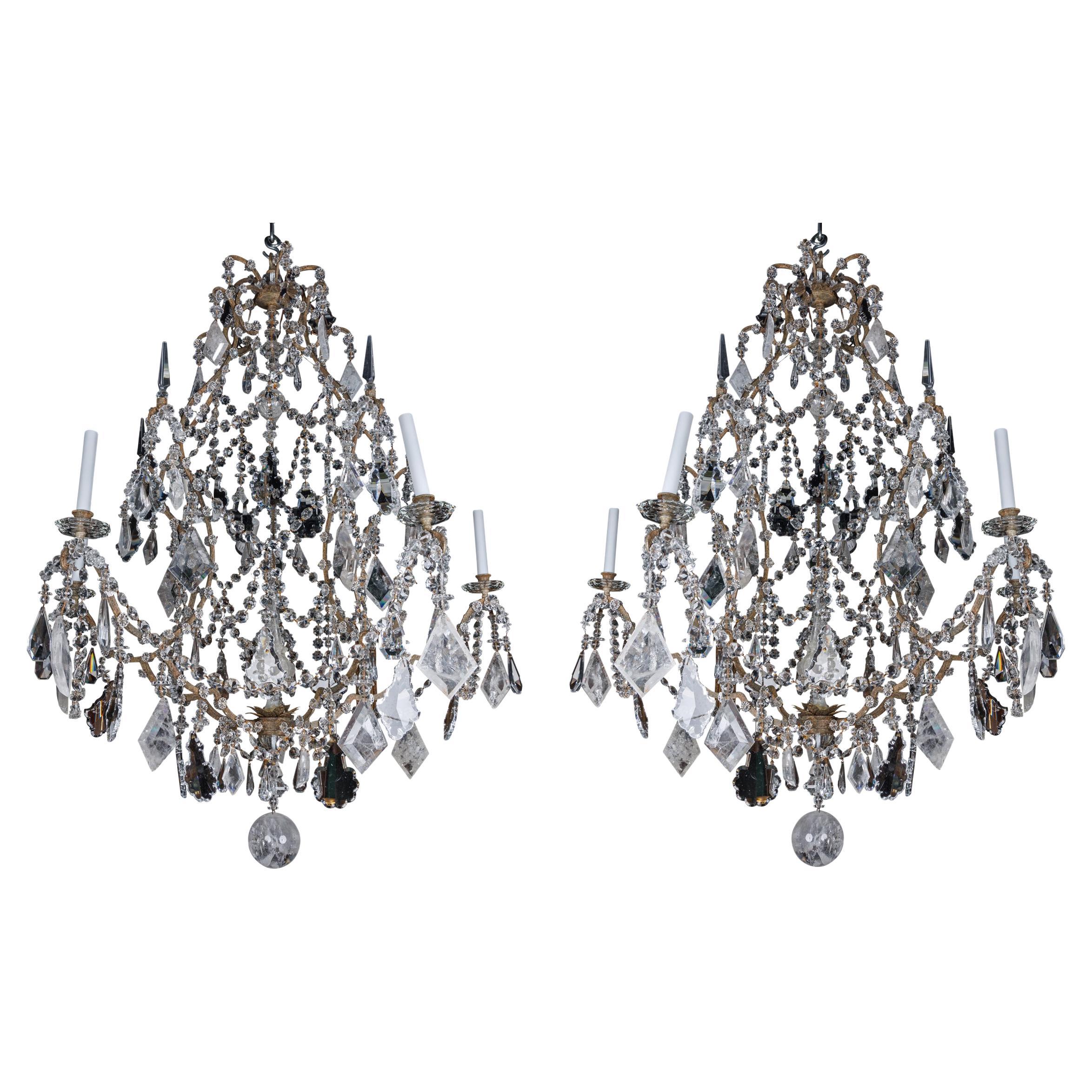 A Large and Exceptional Pair of French Rock Crystal and Glass Chandeliers For Sale