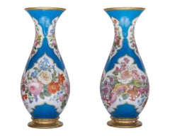 A Large and Exquisite Pair of French Baccarat Opaline Glass Vases