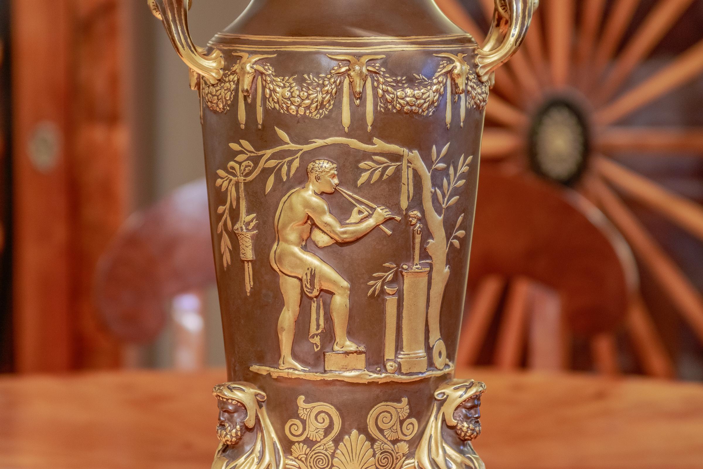 A very fine and large patinated and gilt bronze urn with classical detail by Ferdinand Barbedienne 
Made into a lamp with a custom shade.
