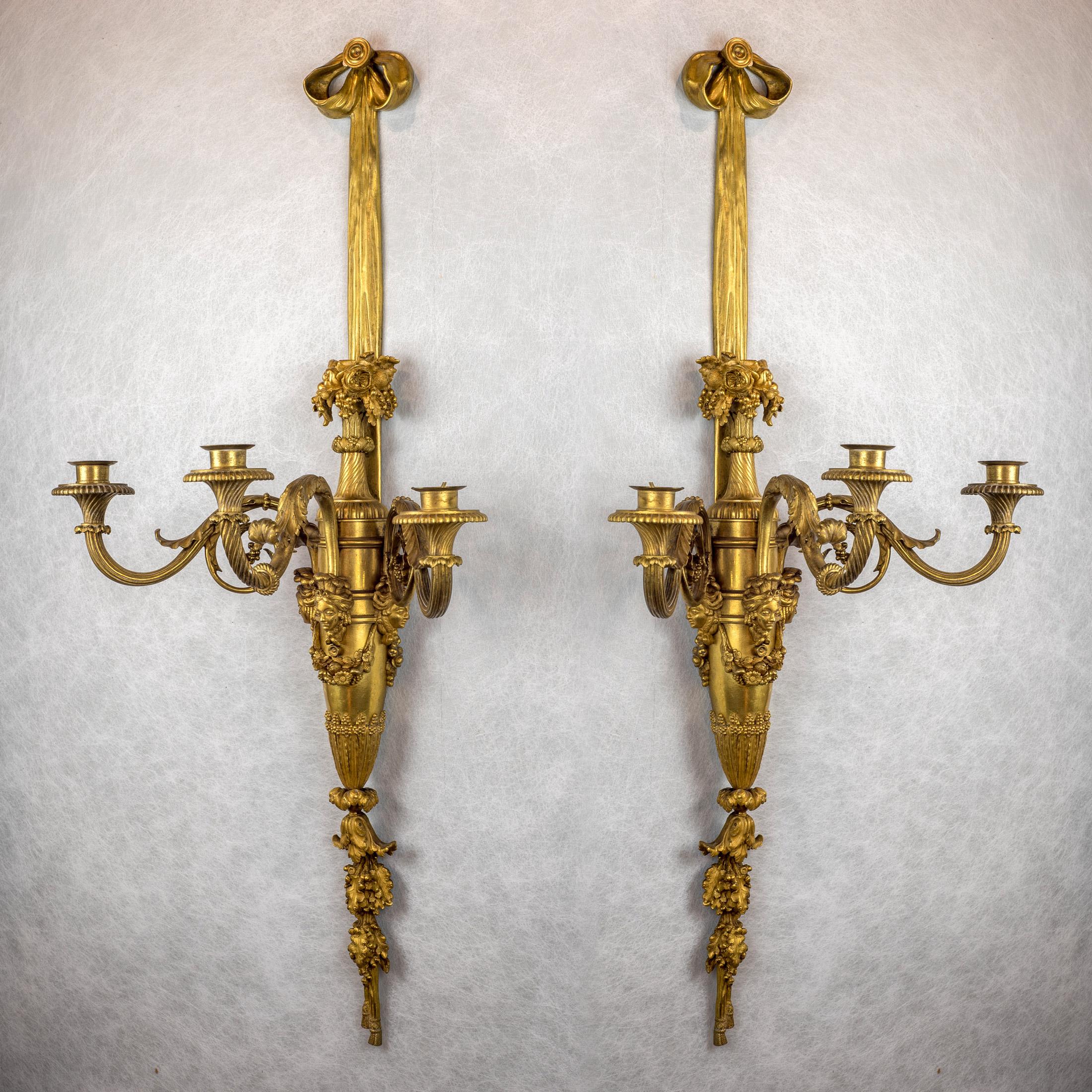 Louis XVI Large and Fine Pair of Henri Vian French Ormolu Three-Light Wall Light Sconces For Sale