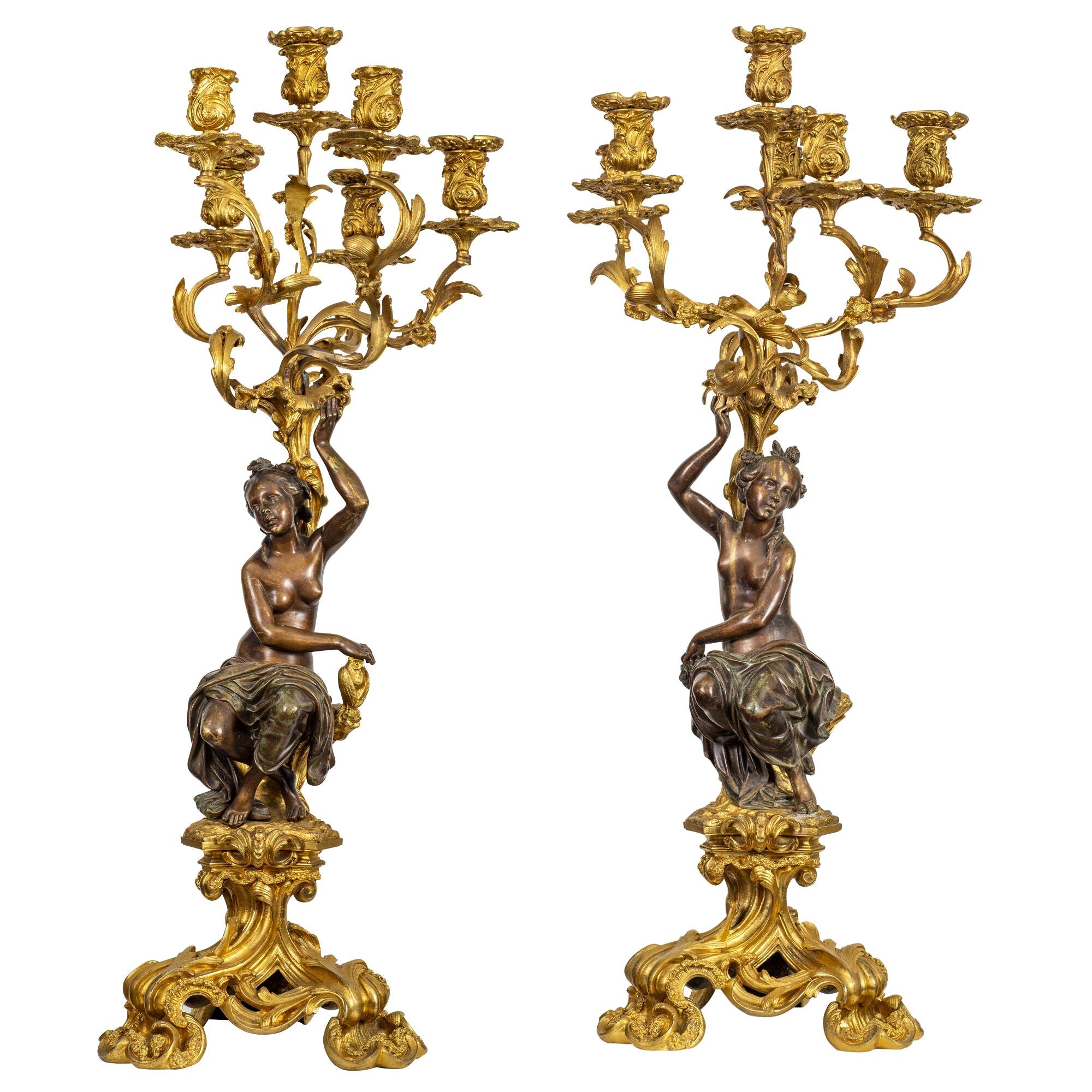 Large and Fine Pair of Louis XVI Patinated and Gilt-Bronze Candelabra For Sale