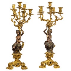 Vintage Large and Fine Pair of Louis XVI Patinated and Gilt-Bronze Candelabra