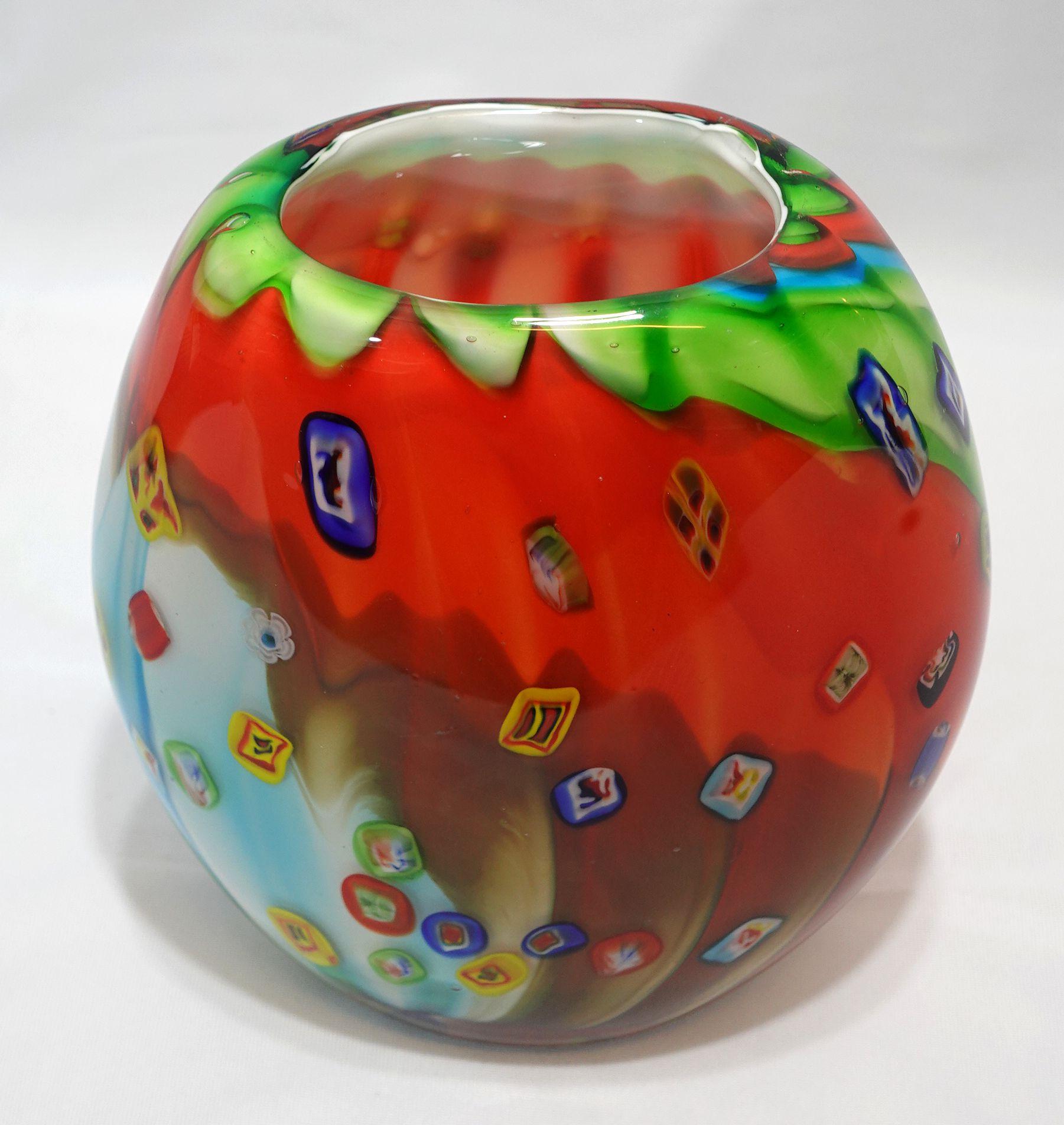 A Large and Heavy Murano Hand Blown Murrine Glass Vase, colorful artwork.