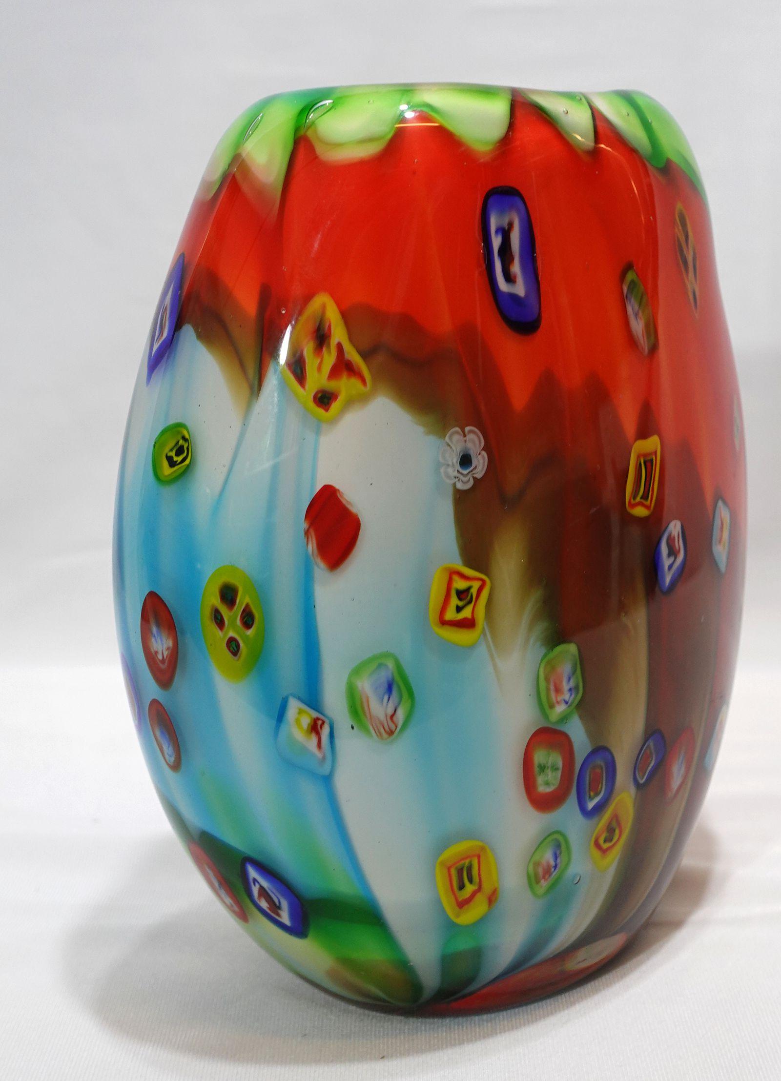Italian A Large and Heavy Murano Hand Blown Murrine Glass Vase For Sale