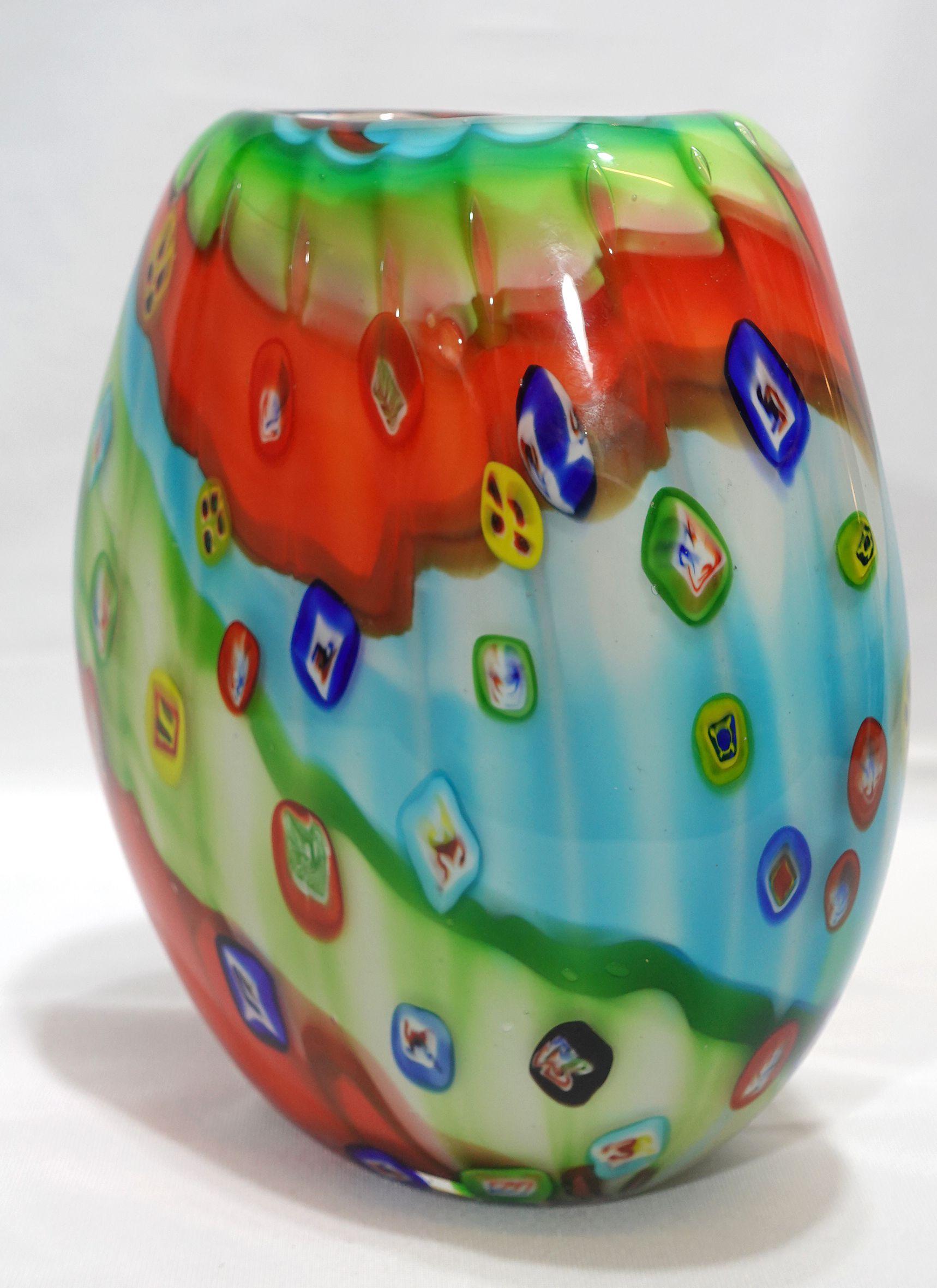 A Large and Heavy Murano Hand Blown Murrine Glass Vase In Excellent Condition For Sale In Norton, MA