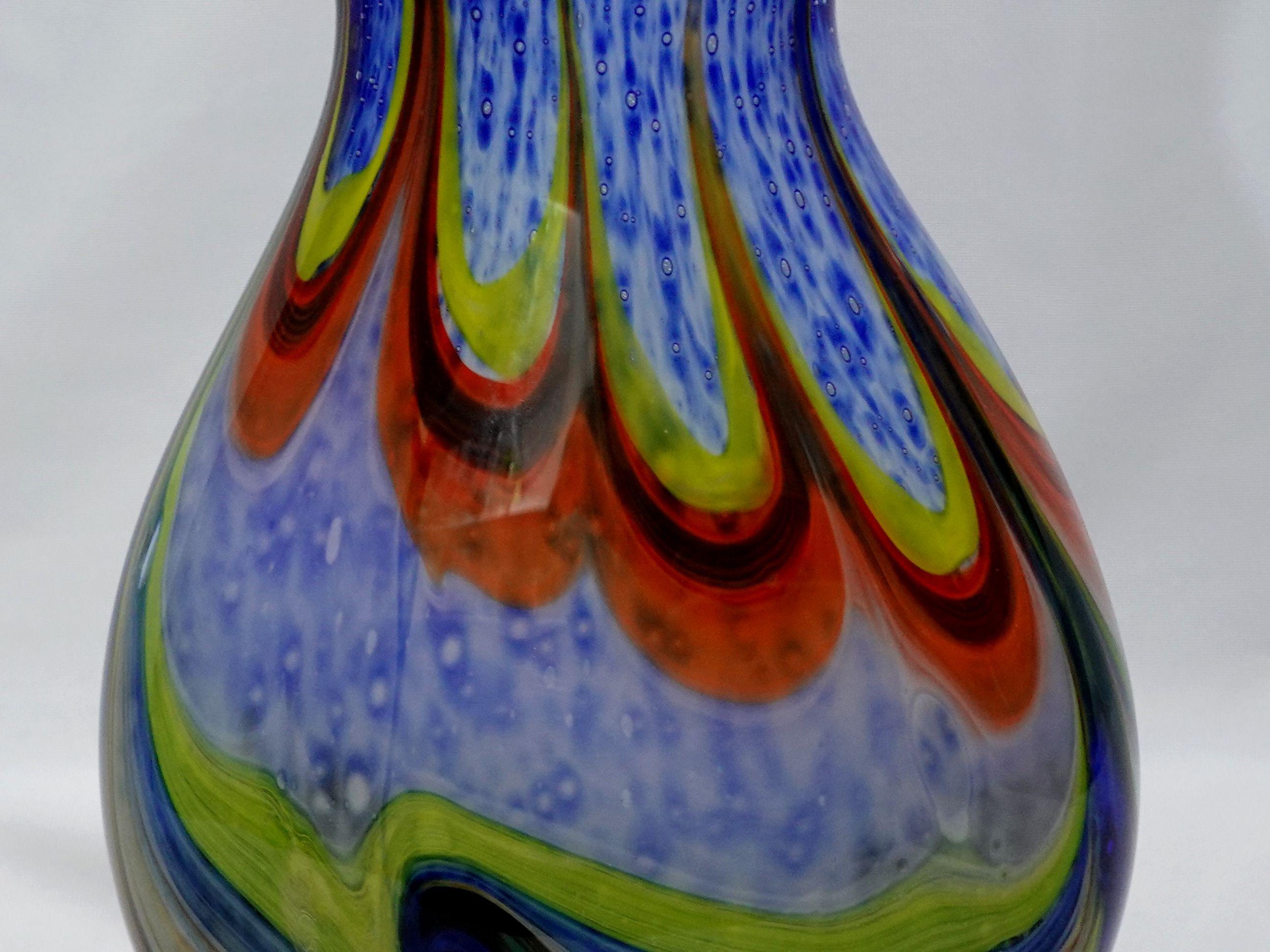 Hand-Crafted A Large and Heavy Murano Hand Blown Murrine Glass Vase w/ Shaped Top For Sale