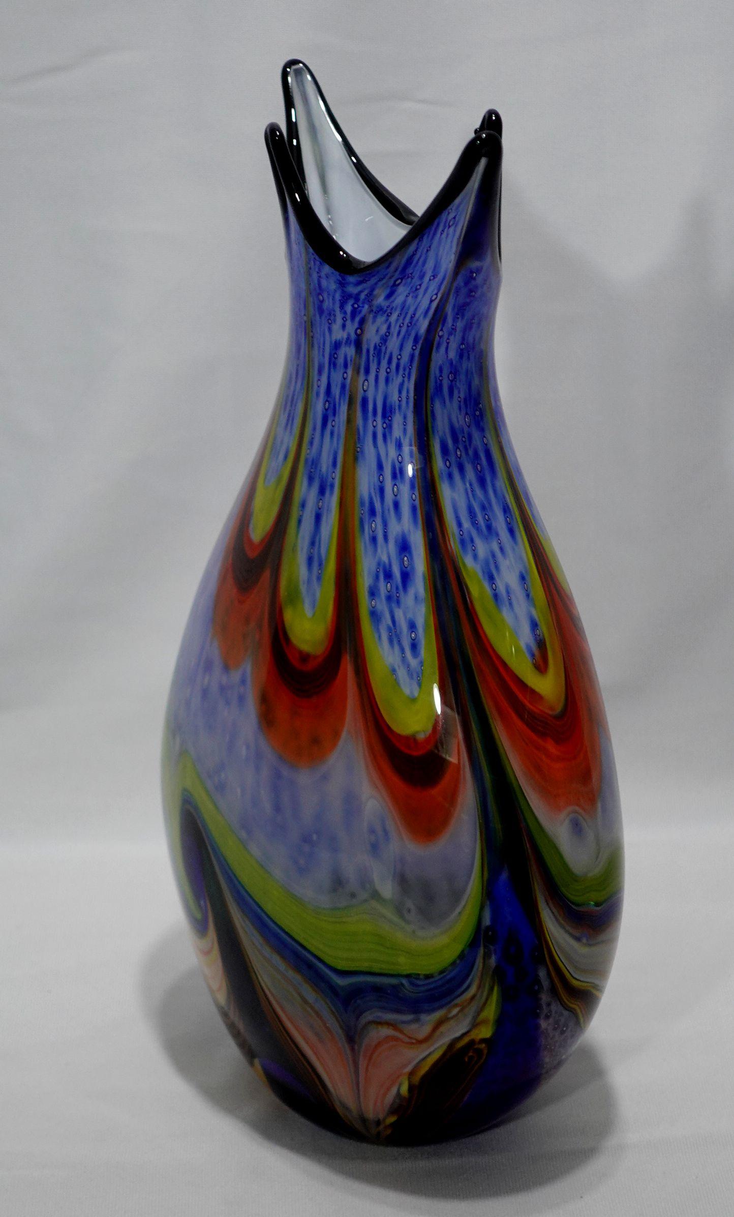 20th Century A Large and Heavy Murano Hand Blown Murrine Glass Vase w/ Shaped Top For Sale