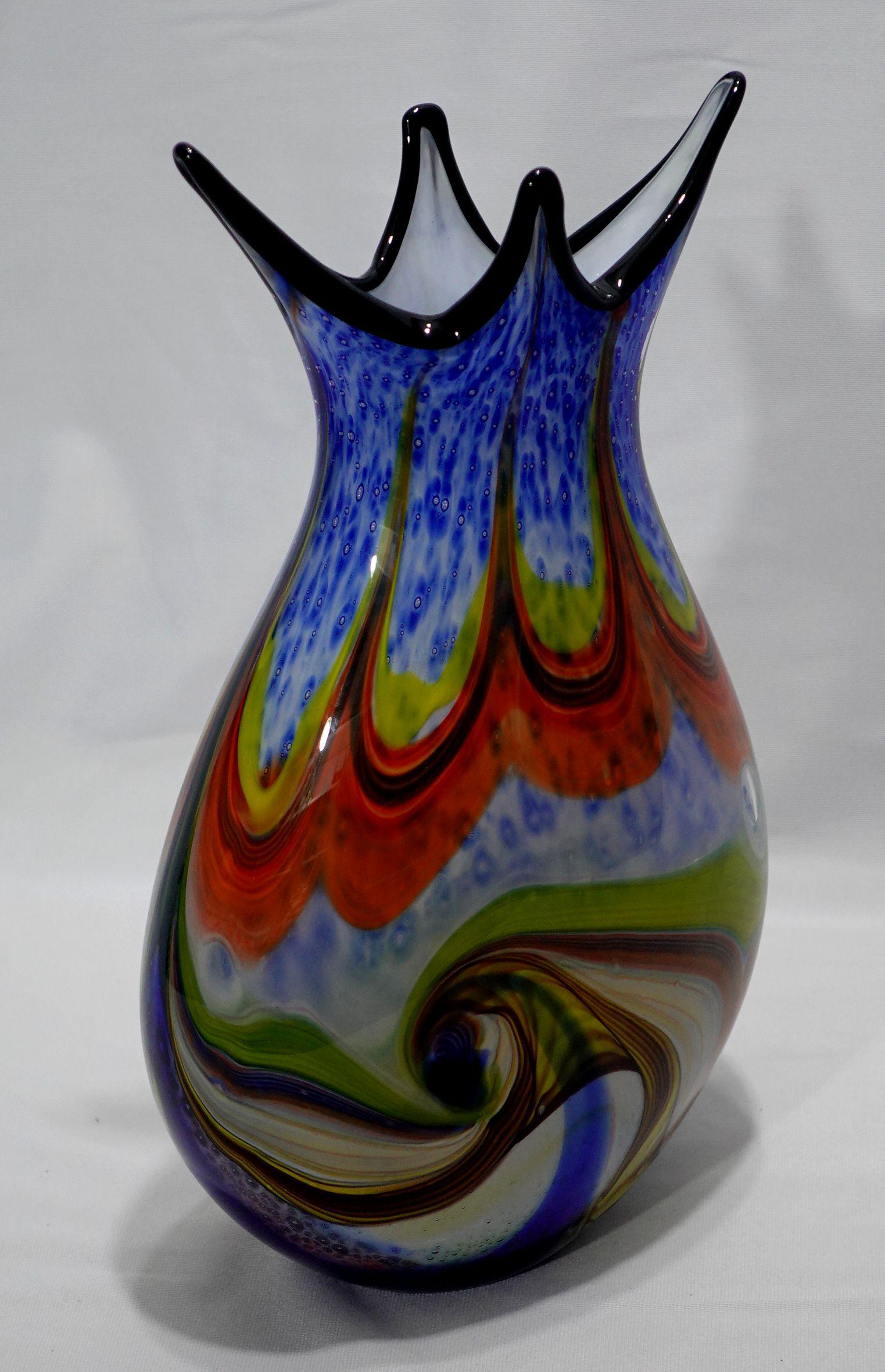 A Large and Heavy Murano Hand Blown Murrine Glass Vase w/ Shaped Top For Sale 1