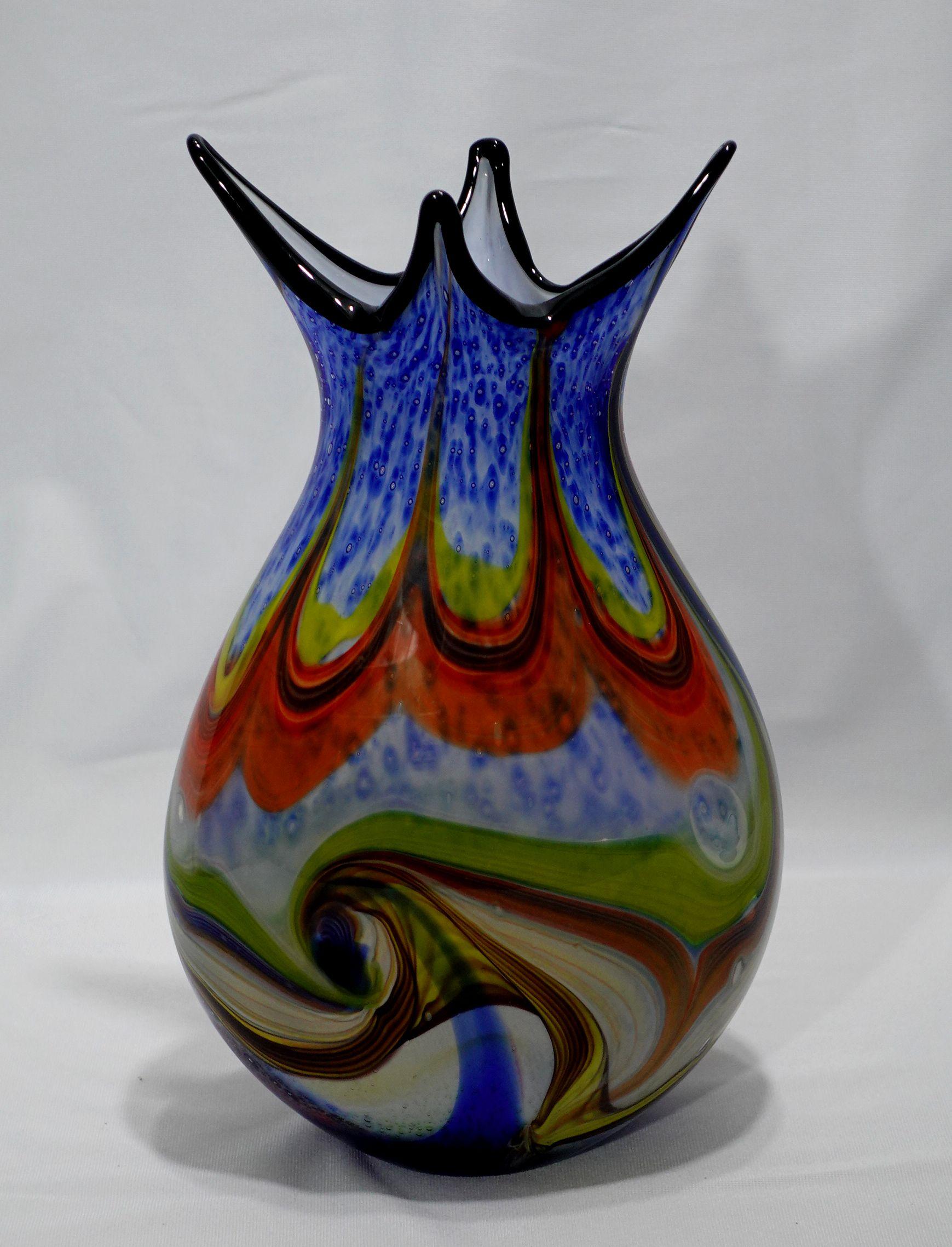 A Large and Heavy Murano Hand Blown Murrine Glass Vase w/ Shaped Top For Sale 2