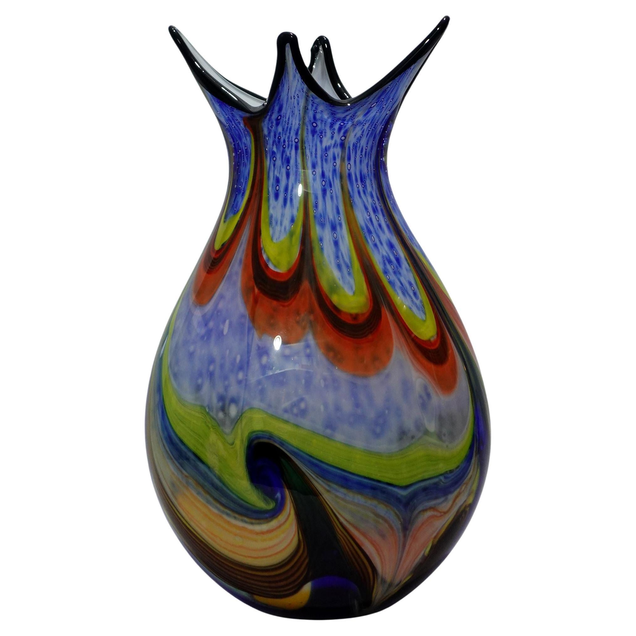 A Large and Heavy Murano Hand Blown Murrine Glass Vase w/ Shaped Top For Sale
