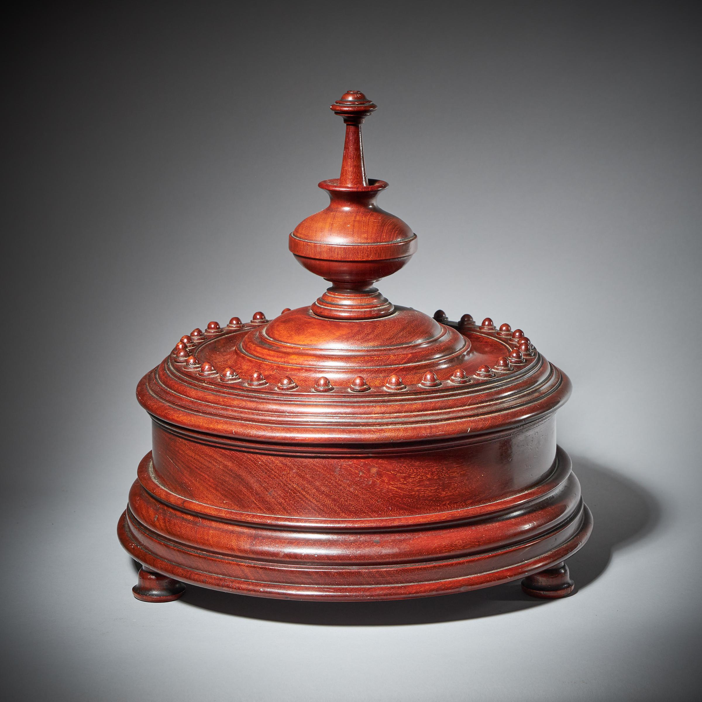 Dutch Colonial A Large and impressive 19th Century Dutch Mahogany Turned Circular Box For Sale