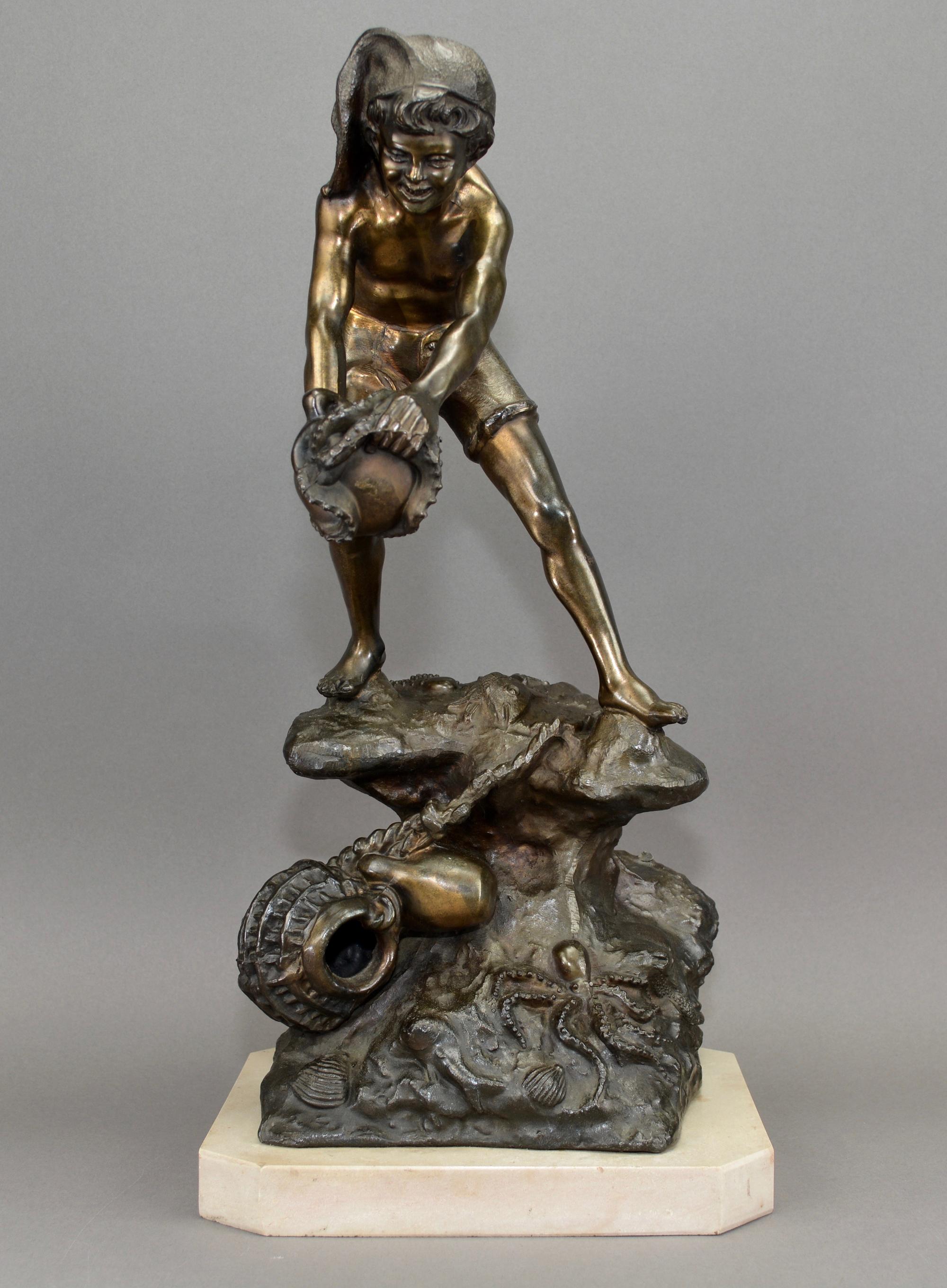 Late 19th Century Large and Impressive Antique Figure of a Fisher Boy Standing on Rock For Sale