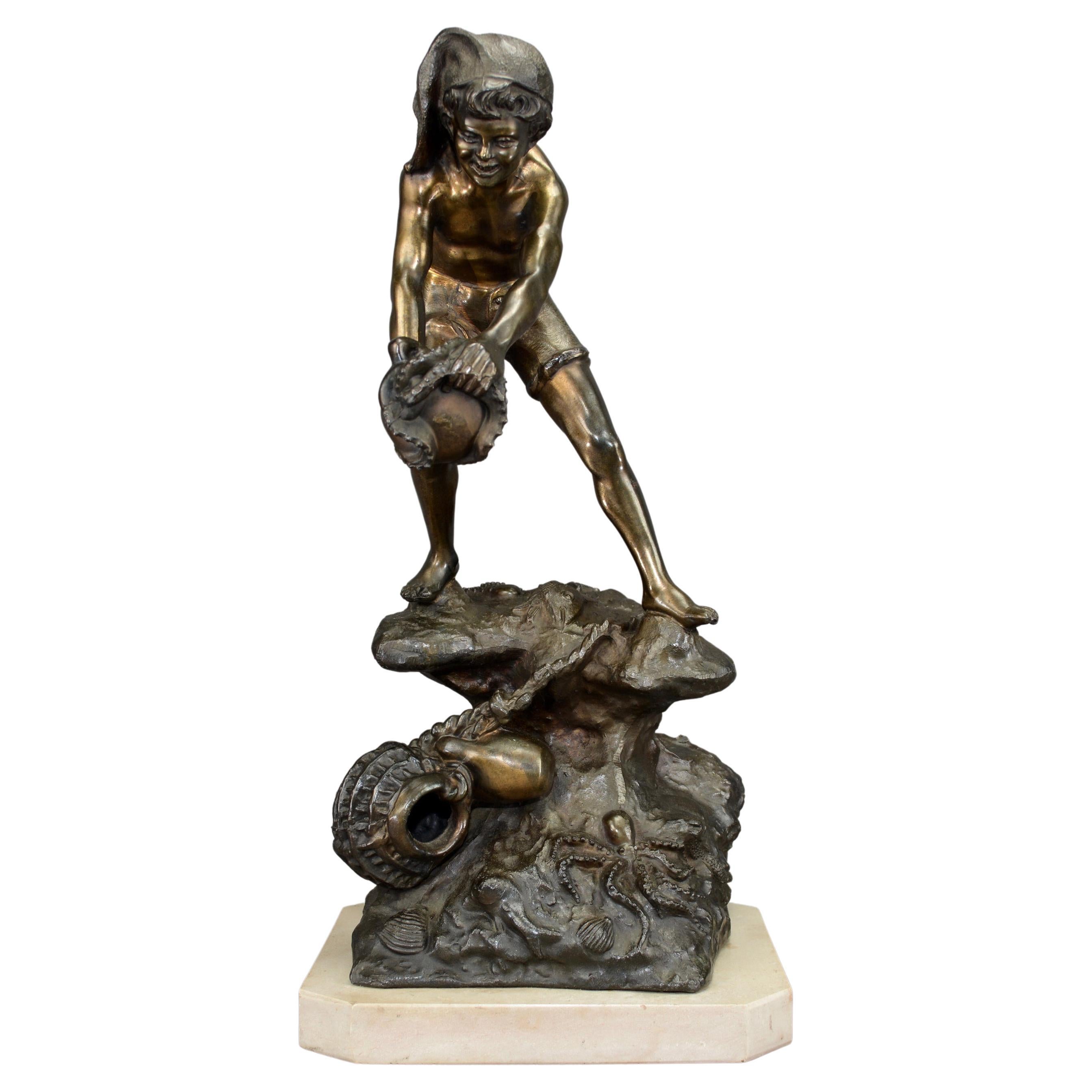 Large and Impressive Antique Figure of a Fisher Boy Standing on Rock For Sale