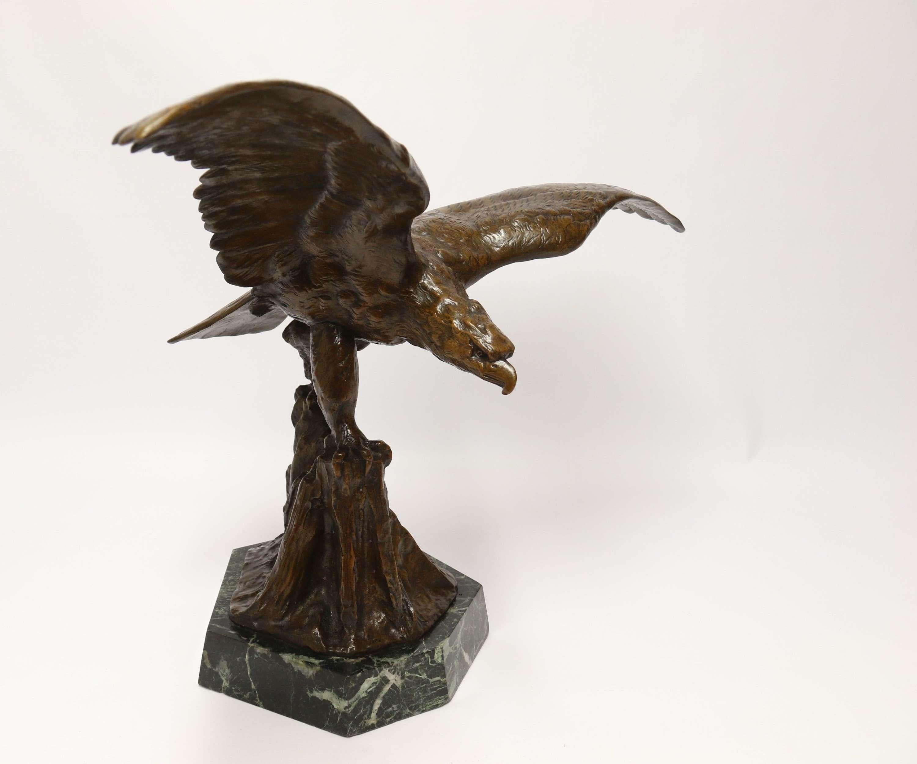 A Large and Impressive Bronze Sculpture of a Eagle by Claude Mirval

This superb and  large scale sculpture cleverly depicts an eagle with wide outspread wings having just landed on a rocky ledge. It was produced by the highly acclaimed French