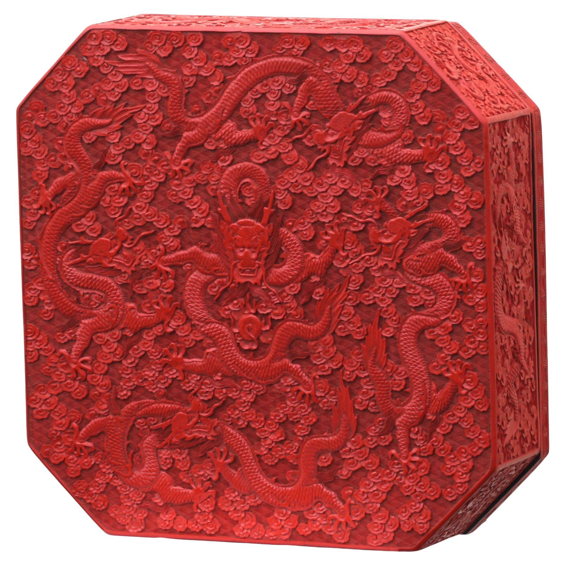 Large and Impressive Chinese Cinnabar Lacquer "Dragon" Box and Cover