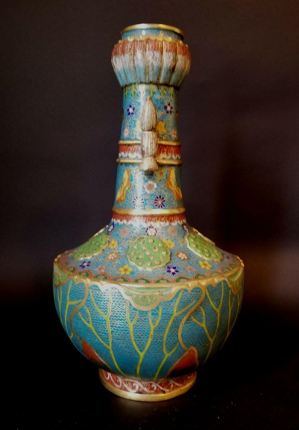 Large and Impressive Chinese Cloisonné Enamel Vase, 19th Century In Good Condition In Norton, MA