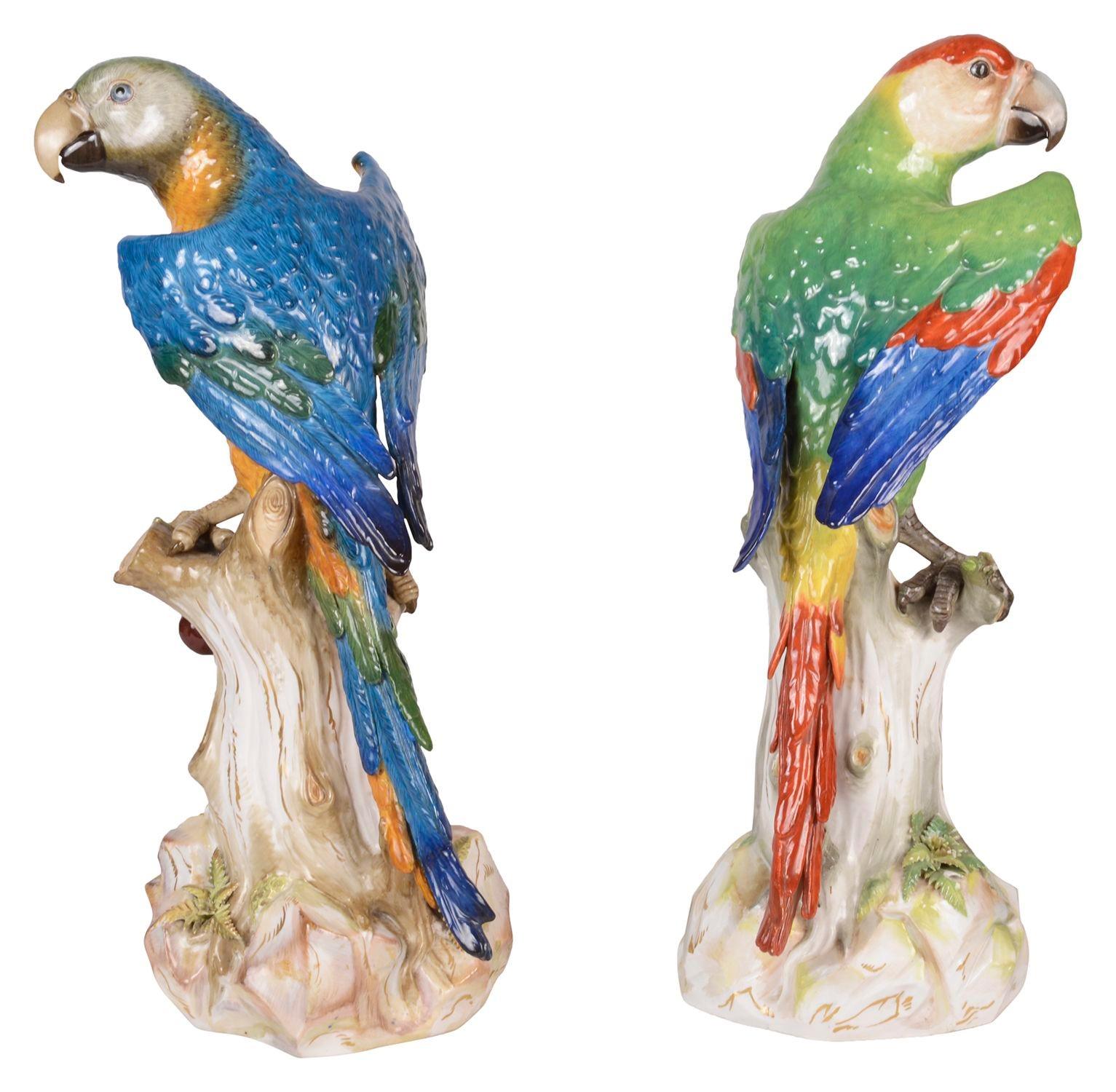 Allemand Grande et impressionnante paire de perroquets de Meissen, datant d'environ 1890, 43 cm de haut en vente