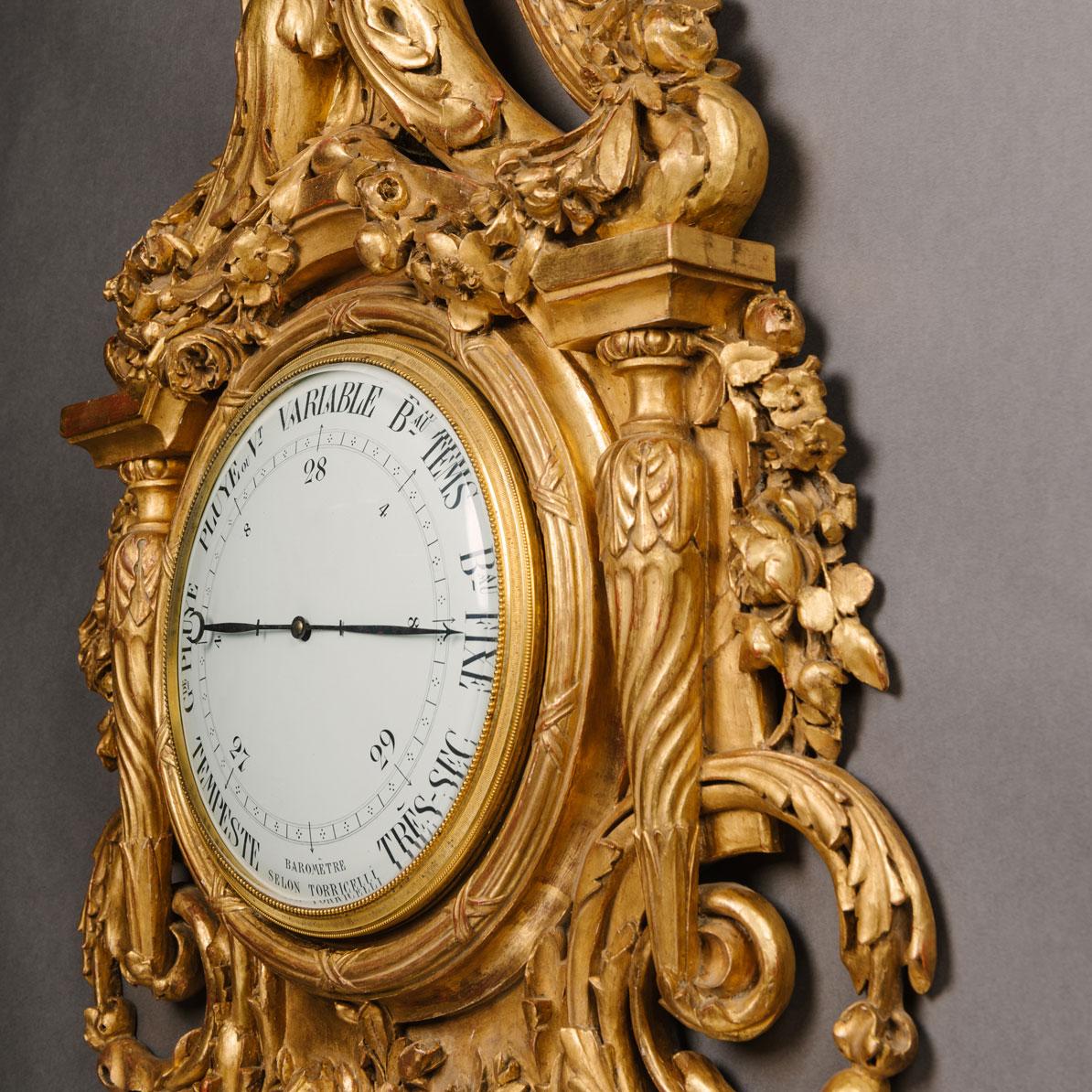 Large and Louis XVI Style Carved Giltwood Clock and Barometer Set For Sale 6