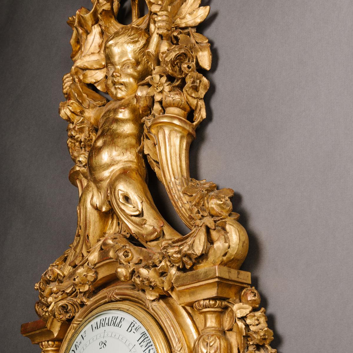 Large and Louis XVI Style Carved Giltwood Clock and Barometer Set For Sale 9