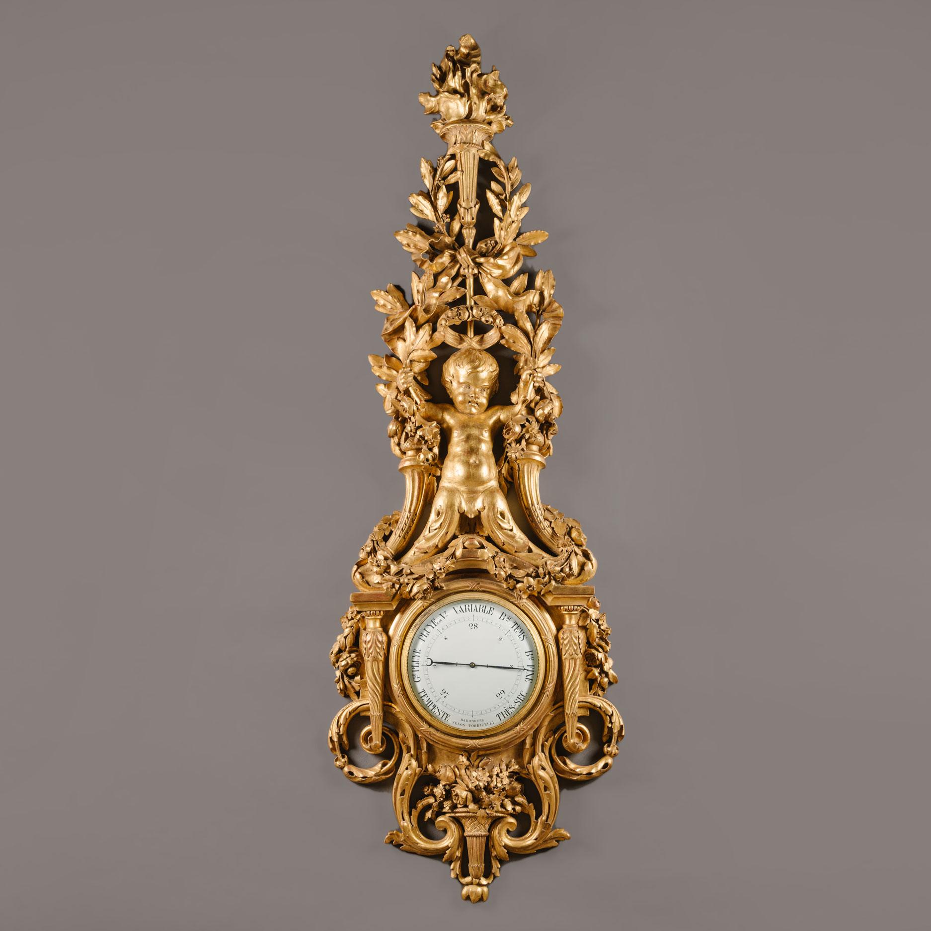 Uhr und Barometer-Set aus geschnitztem vergoldetem Holz im Louis-XVI.-Stil (Louis XVI.) im Angebot