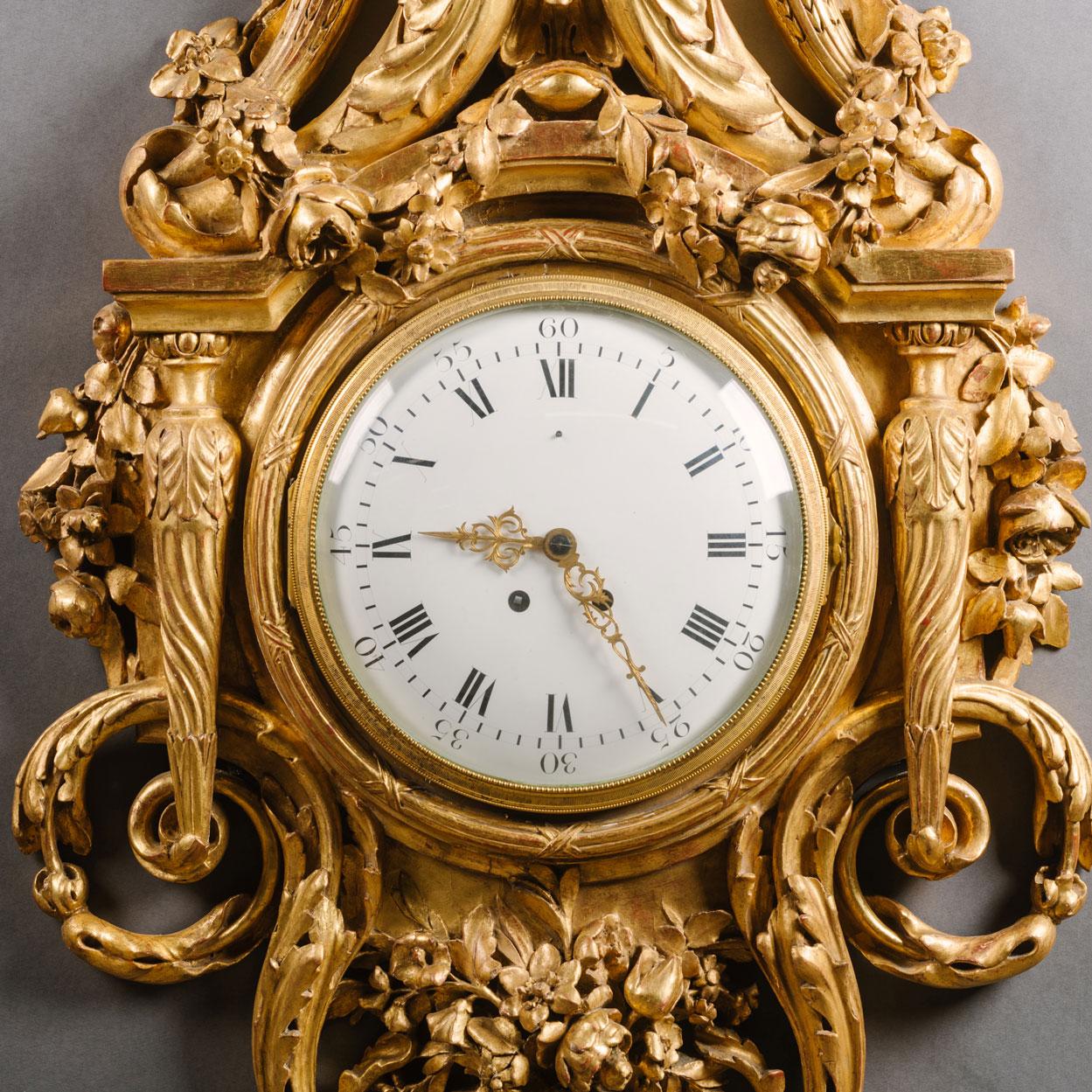 Uhr und Barometer-Set aus geschnitztem vergoldetem Holz im Louis-XVI.-Stil im Zustand „Gut“ im Angebot in Brighton, West Sussex