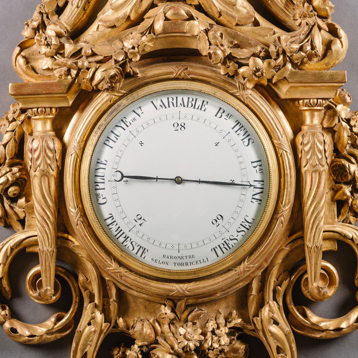 Uhr und Barometer-Set aus geschnitztem vergoldetem Holz im Louis-XVI.-Stil im Angebot 1
