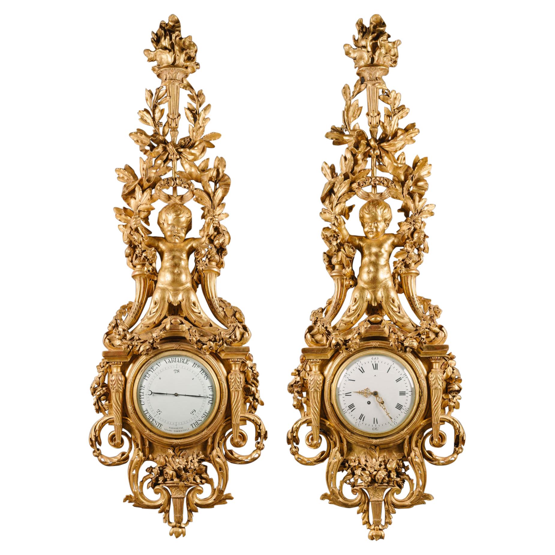 Gran Reloj y Barómetro de Madera Dorada Tallada Estilo Luis XVI
