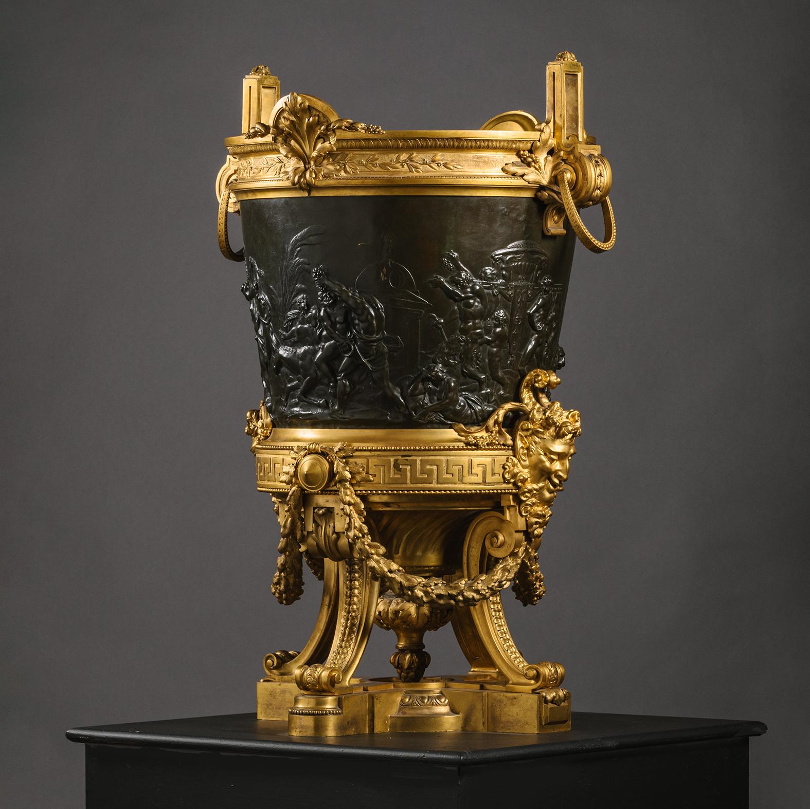 Louis XVI A Large and Rare Gilt and Patinated Bronze Jardiniere or Monumental Wine Cooler For Sale