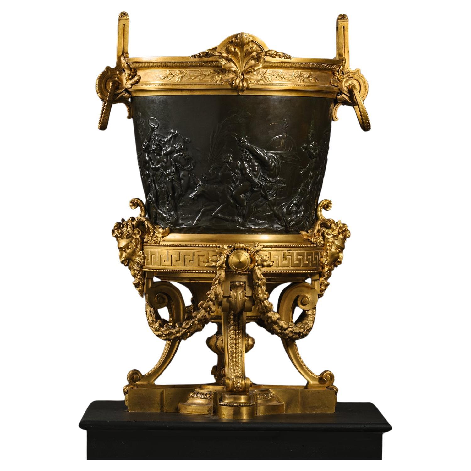 A Large and Rare Gilt and Patinated Bronze Jardiniere or Monumental Wine Cooler For Sale