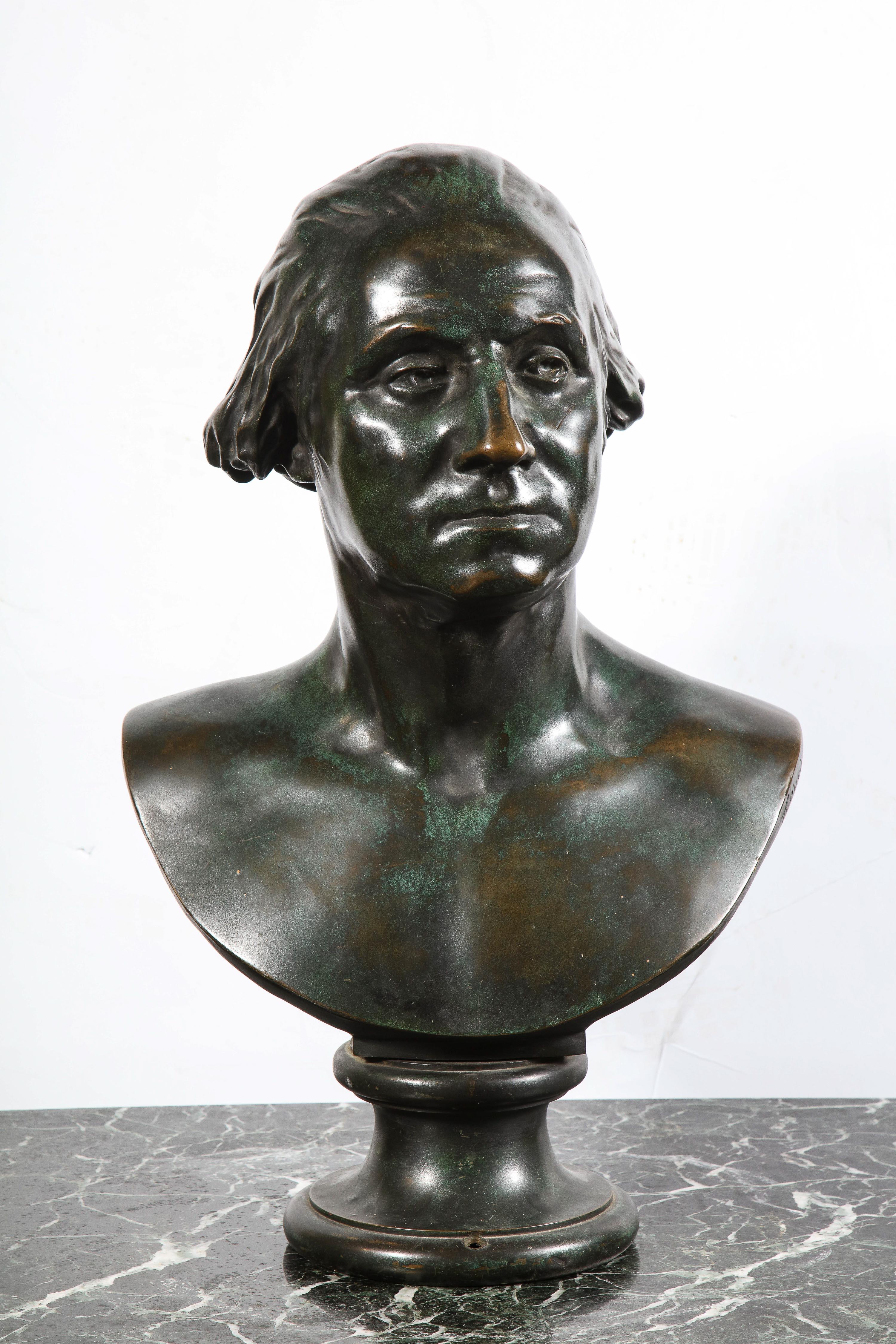 A Large and Rare Patinated Bronze Bust of George Washington, after Houdon by F. Barbedienne Foundry, circa 1870.

Very nice quality green patinated bronze bust of President Washington. After the famous model by Houdon.

Bronze busts of George