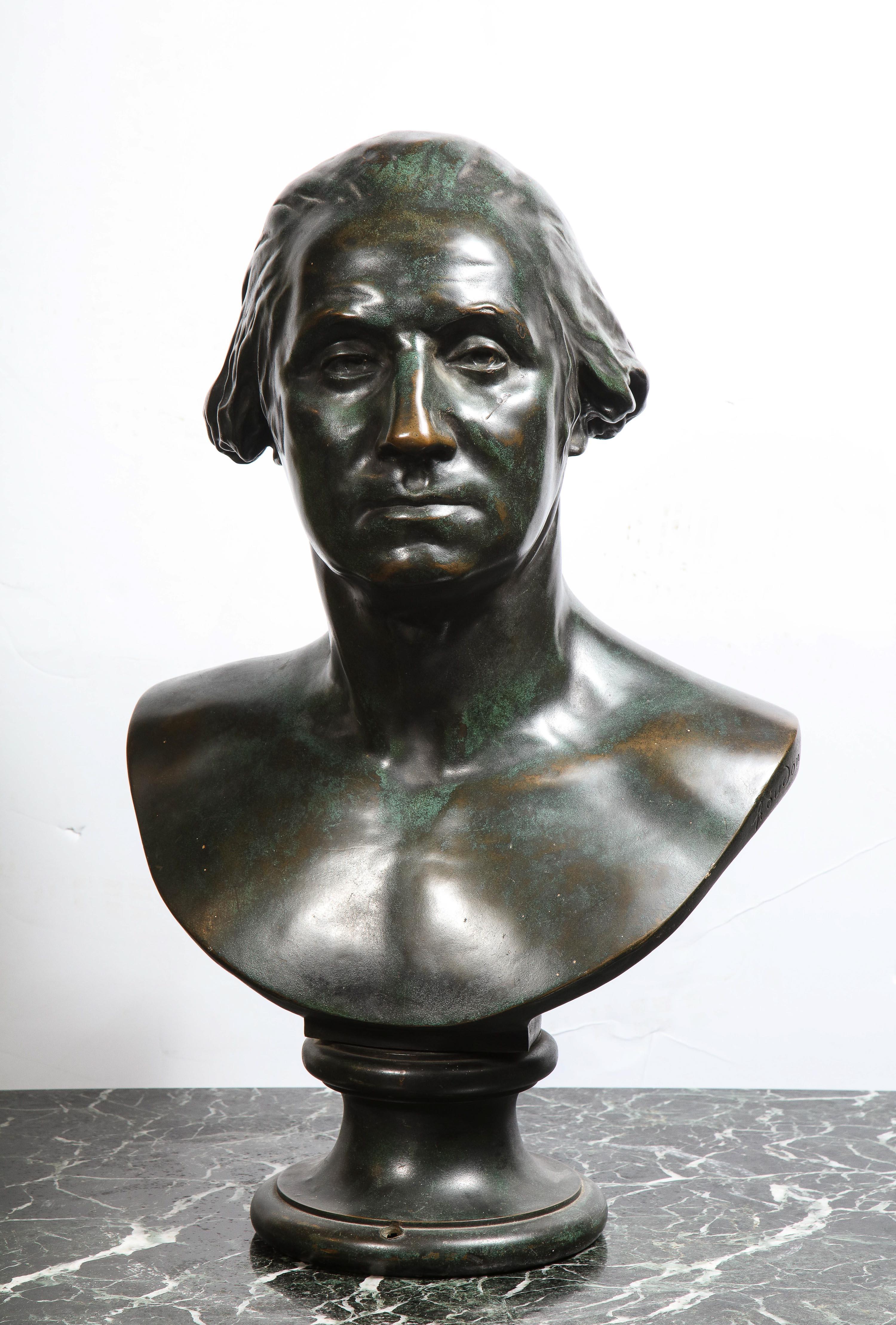 Large and Rare Patinated Bronze Bust of George Washington, by F. Barbedienne In Good Condition For Sale In New York, NY