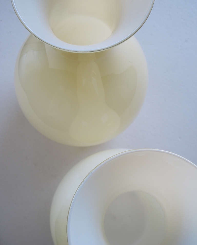 Hand-Crafted Large and Shapely Pair of Murano Butter-Cream Cased Glass Vases For Sale