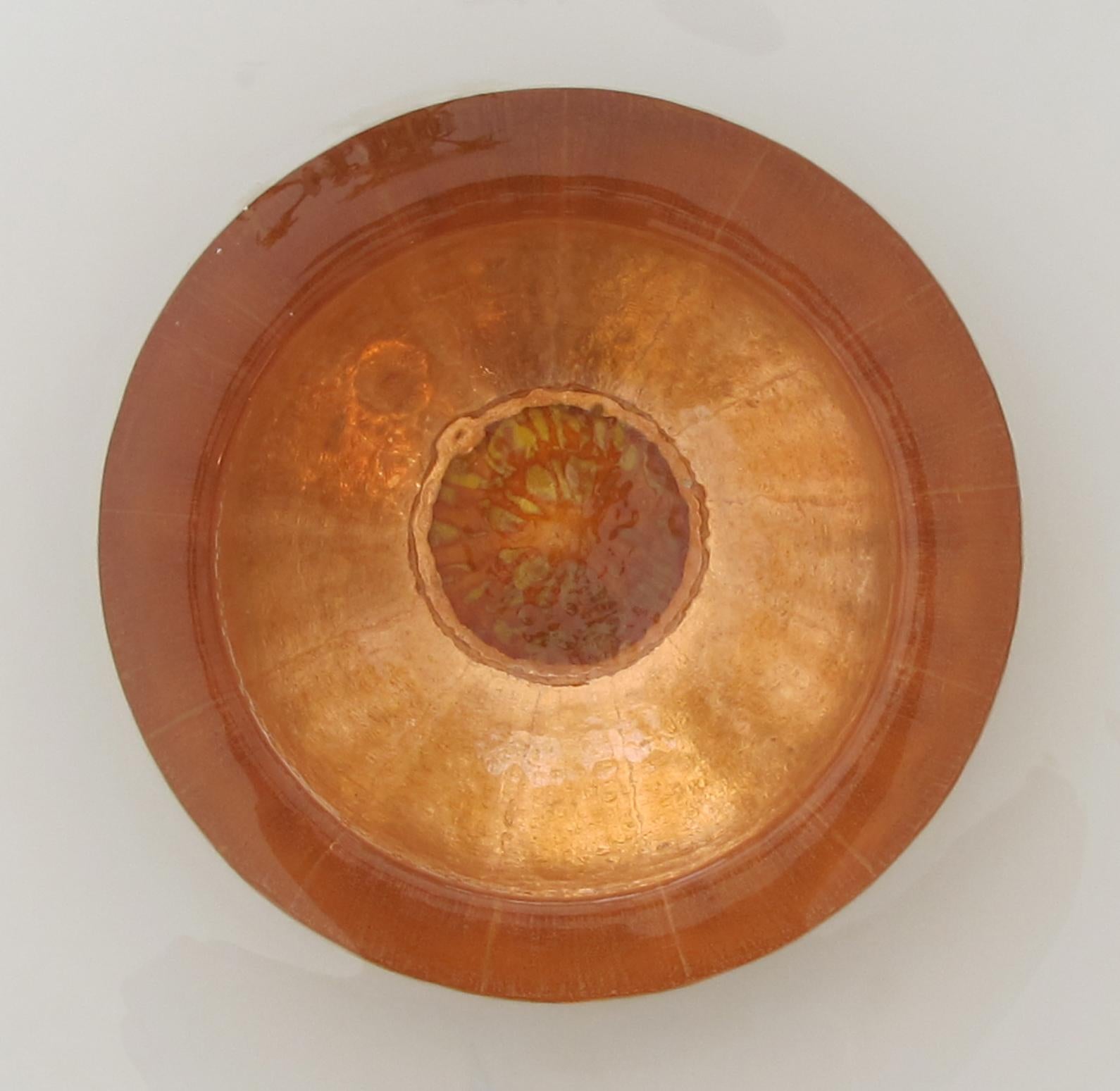 Modern Large and Striking Cast Glass and Copper Leaf Bowl; Signed 'Bucquet 2000'