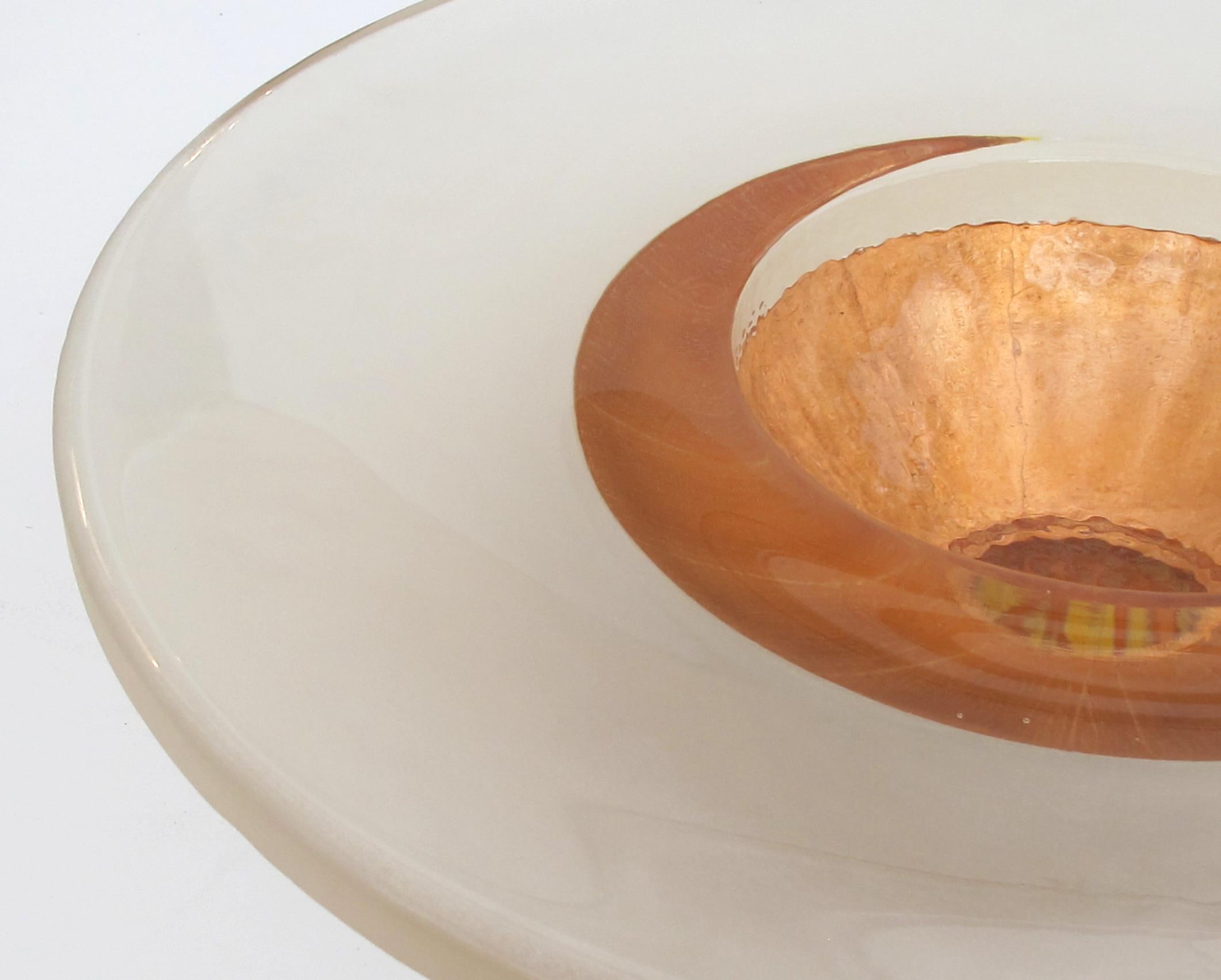 American Large and Striking Cast Glass and Copper Leaf Bowl; Signed 'Bucquet 2000'