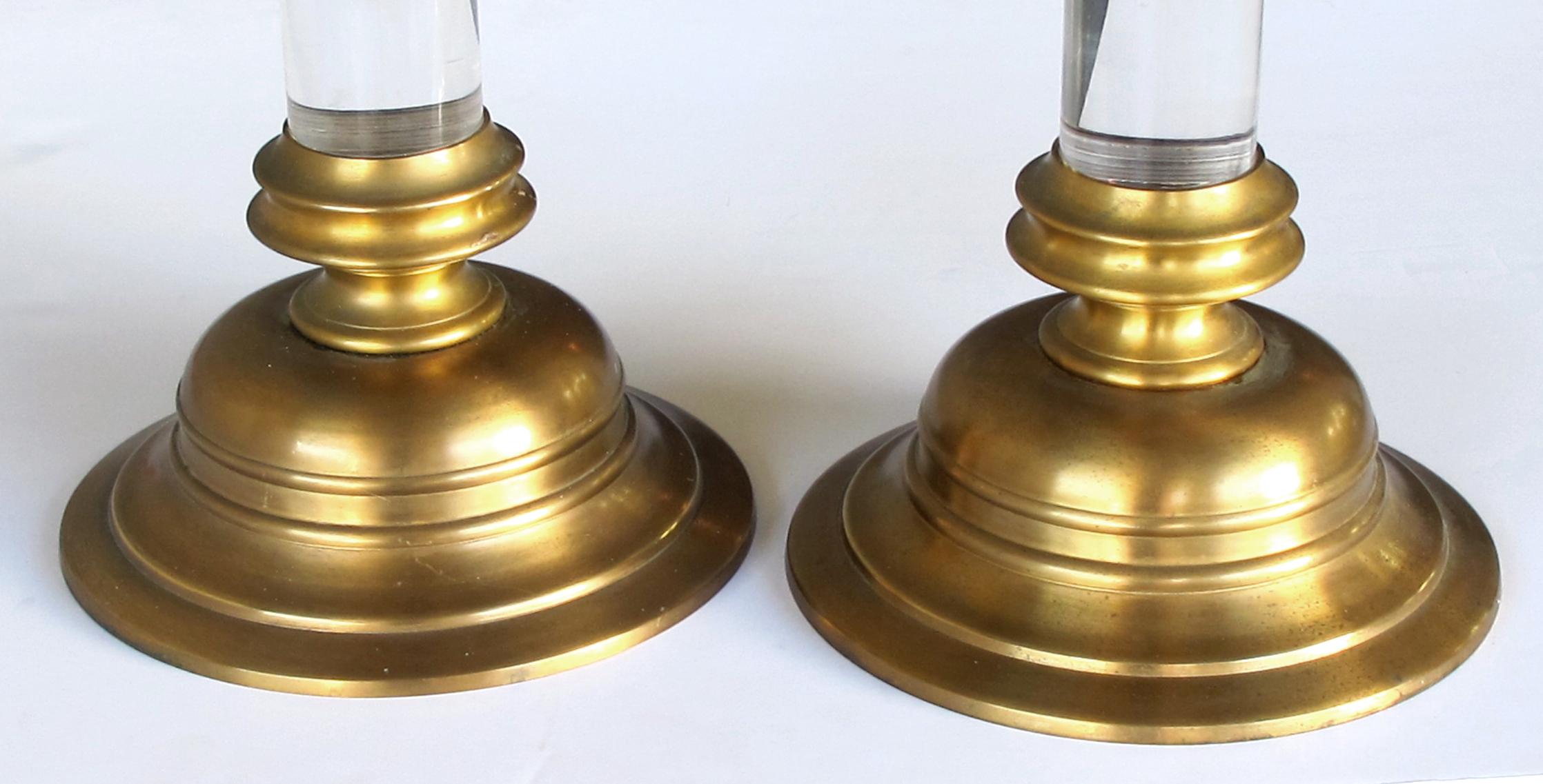 Mid-Century Modern Large and Striking Pair of American 1960s Brass and Lucite Candlesticks