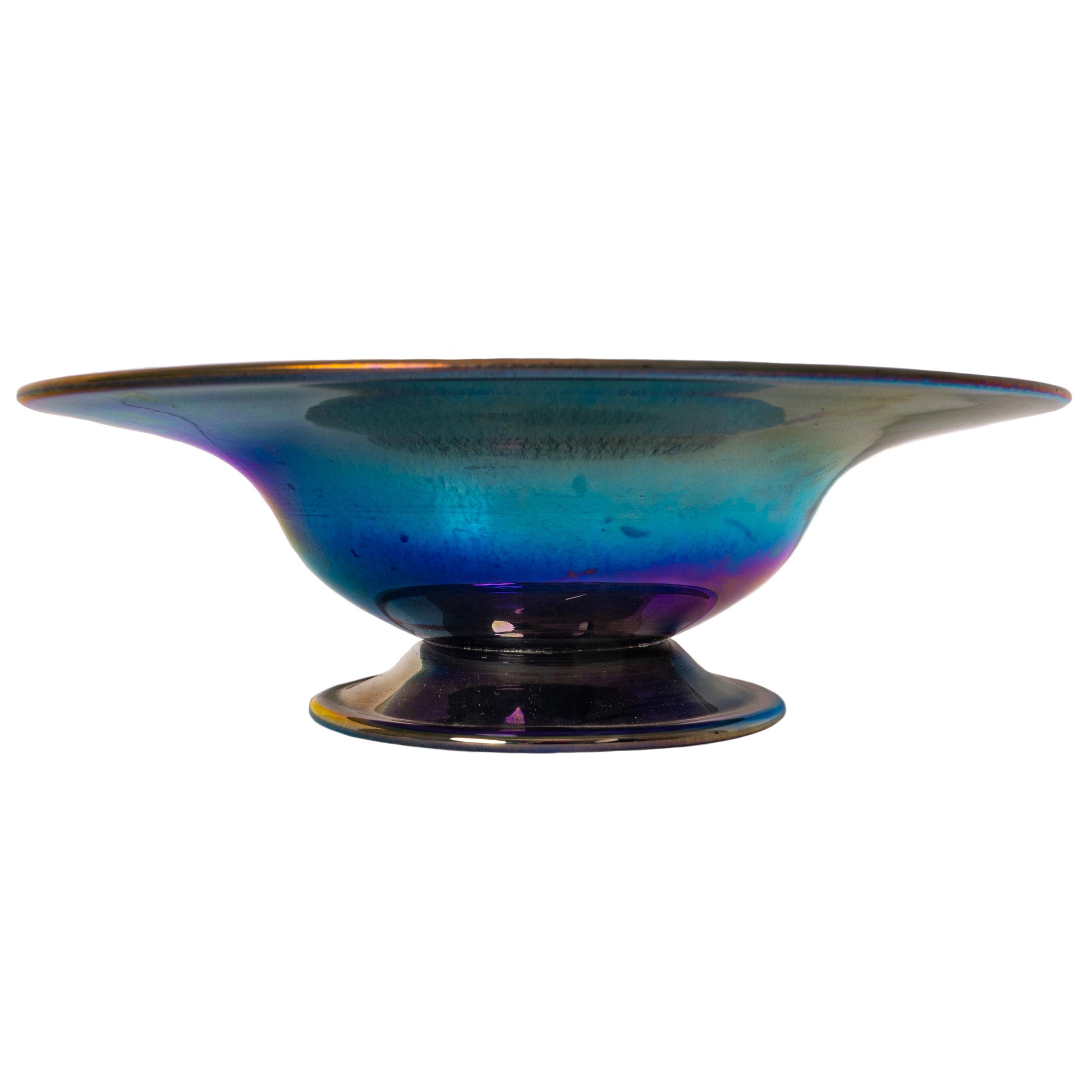 American Large Antique Art Nouveau Tiffany Blue Glass Favrile Footed Bowl Compote, 1910 For Sale