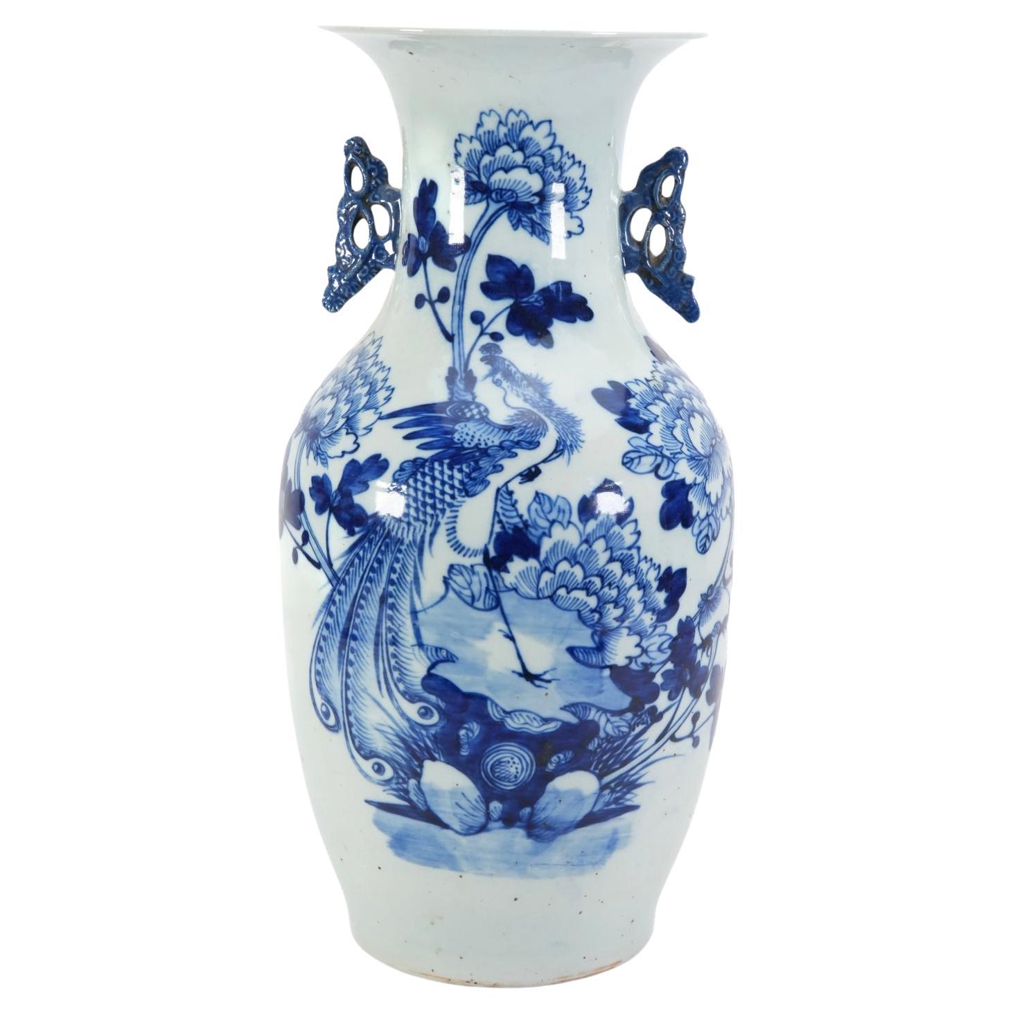 A Large Antique Chinese Blue and White Peacock Porcelain Vase. 19thC