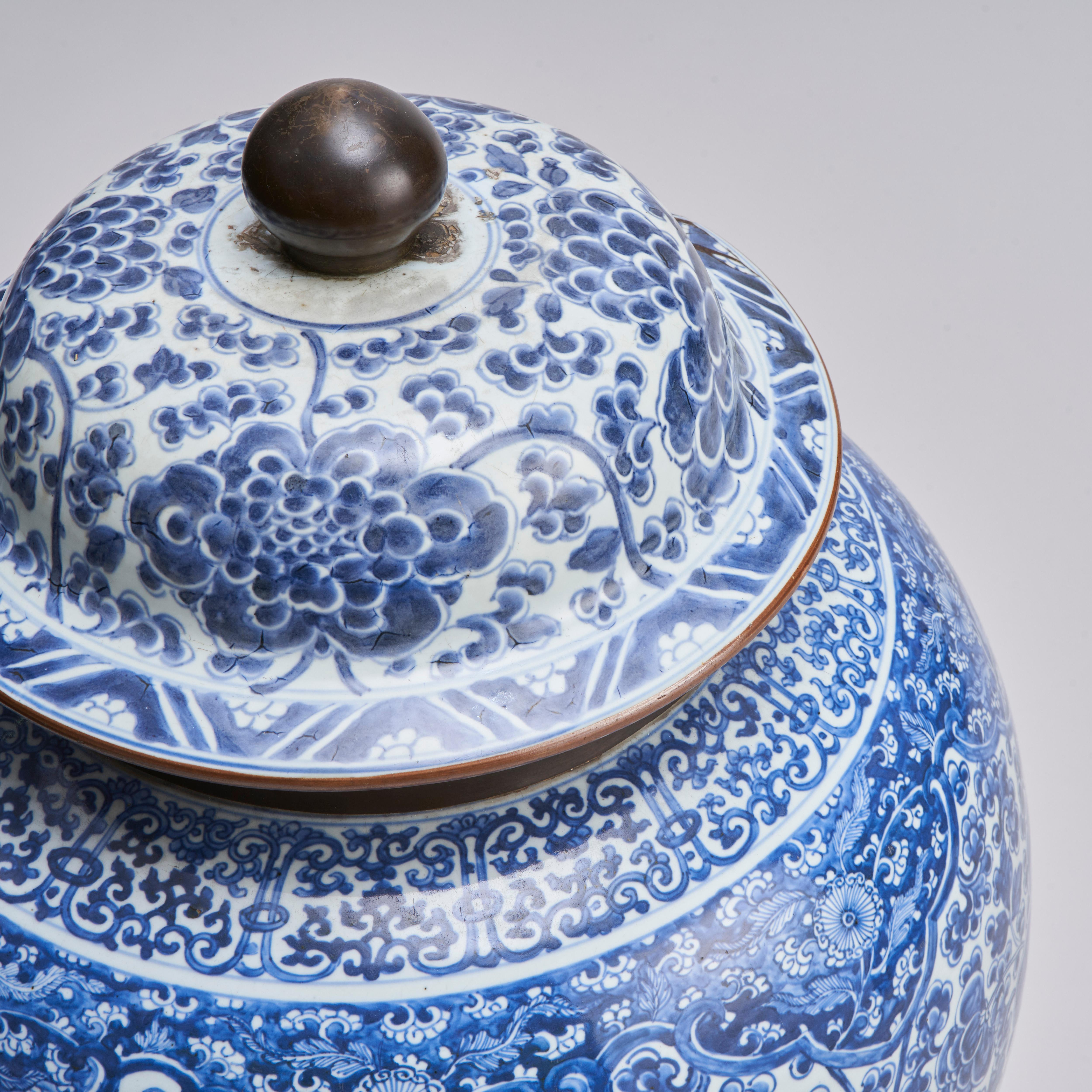 Porcelain A large, antique Chinese blue and white Temple Jar and cover (18th Century) For Sale