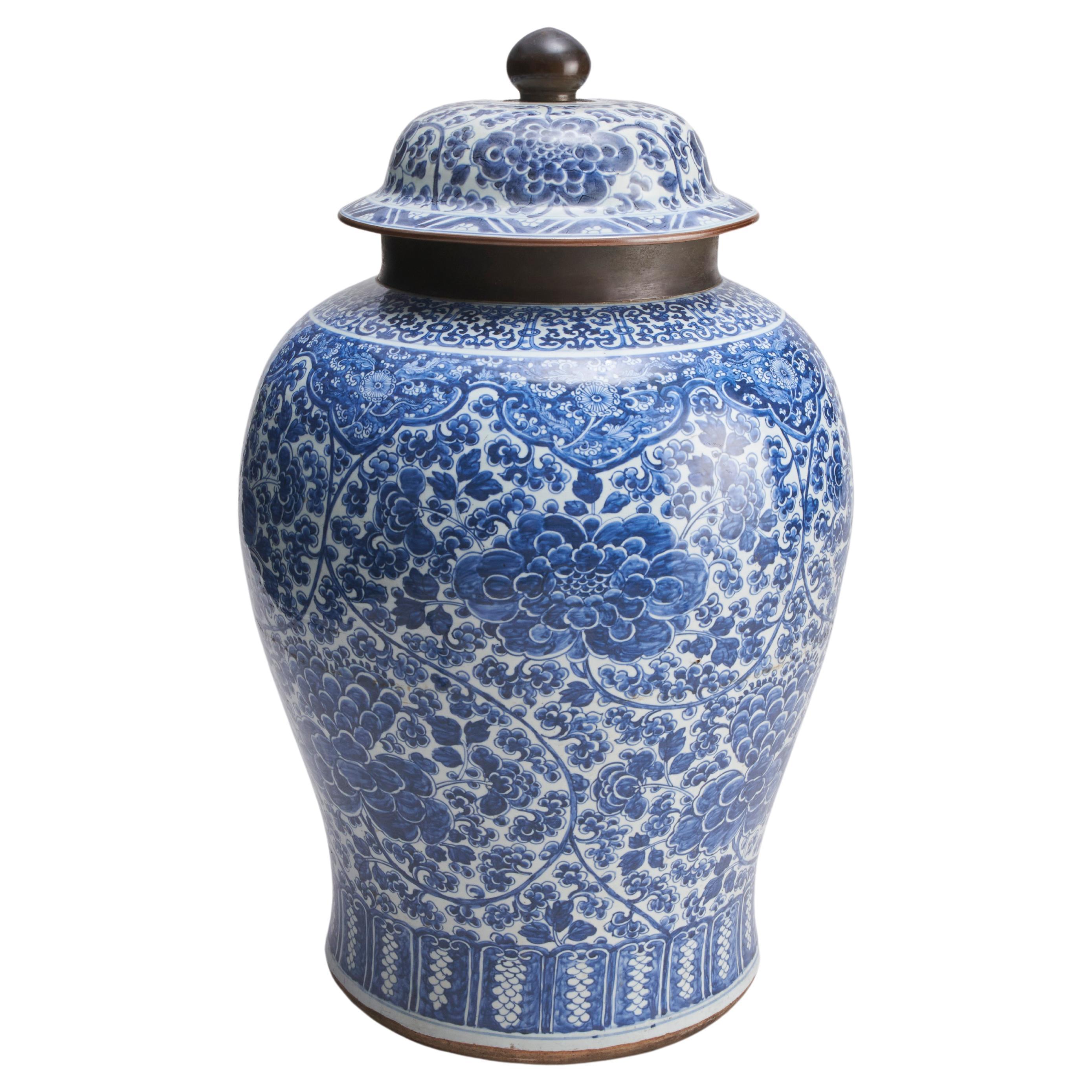 A large, antique Chinese blue and white Temple Jar and cover (18th Century) For Sale