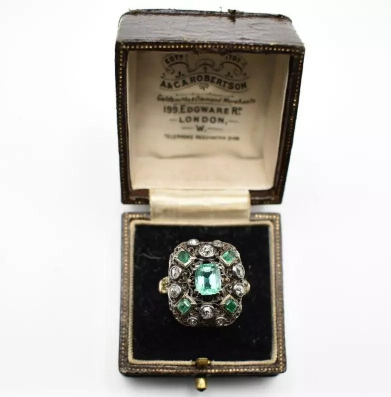 Women's or Men's A Large Antique Emerald and Diamond Rectangular Cluster Ring Size L Early 19th C For Sale