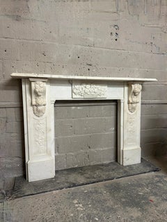 A Large Antique English Victorian Carved Statuary White Marble Fireplace Mantel